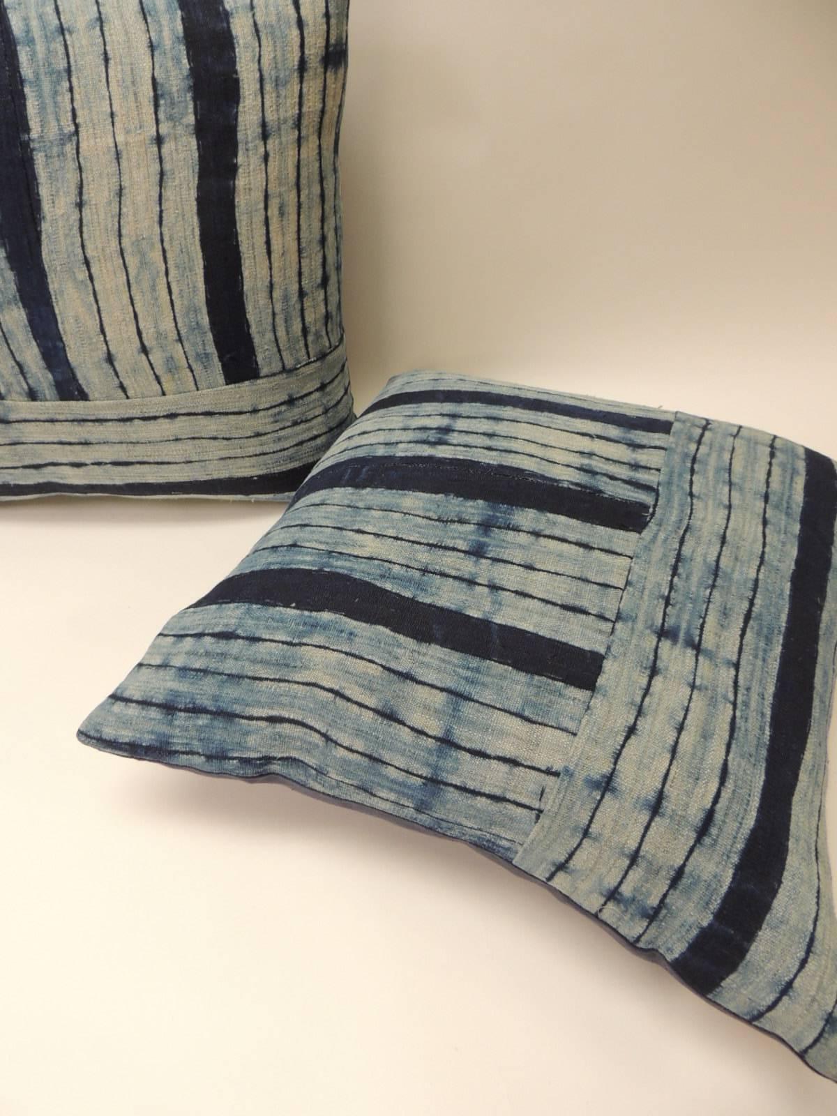 Hand-Crafted Pair of Vintage Shibori Stripes Blue Asian Decorative Pillows