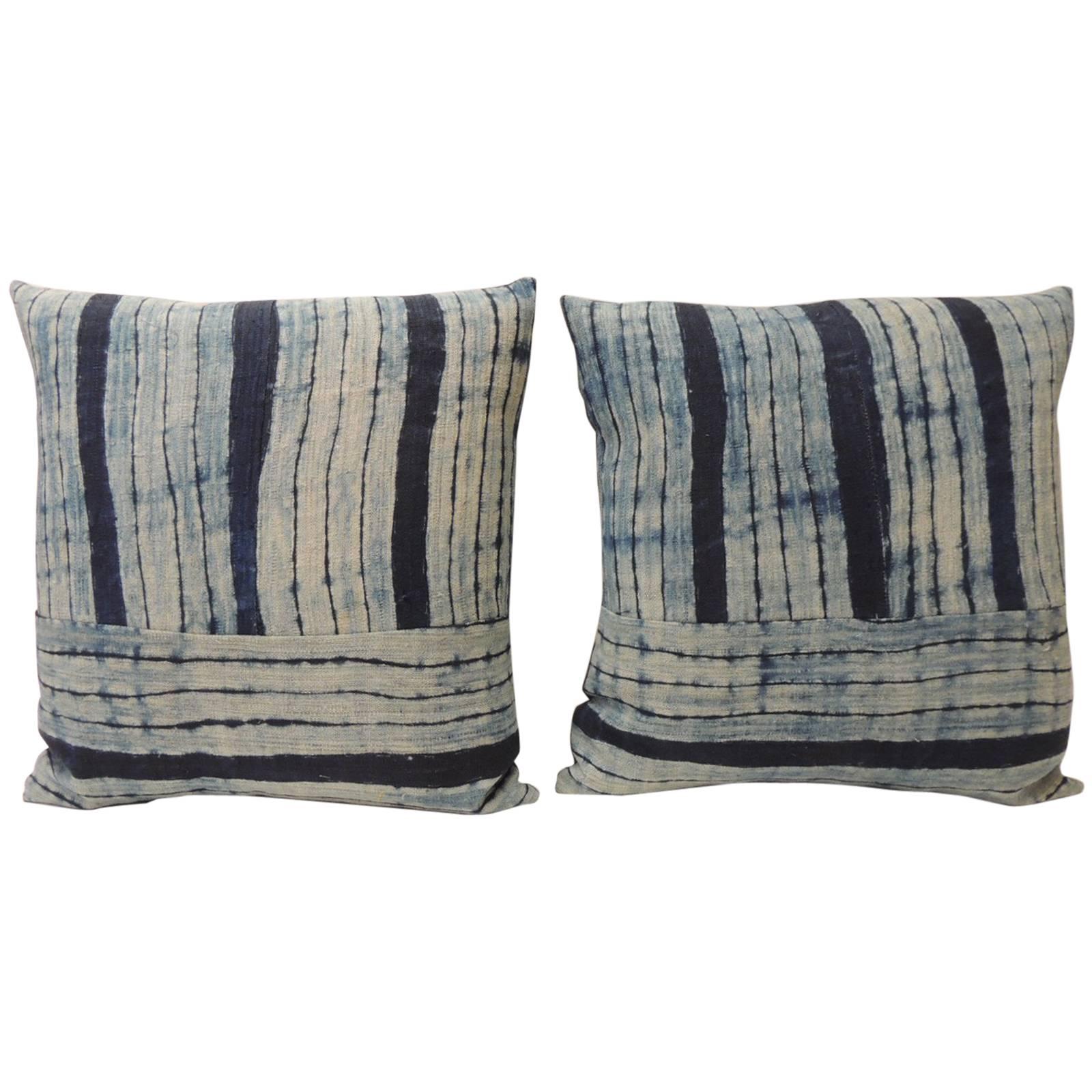 Pair of Vintage Shibori Stripes Blue Asian Decorative Pillows