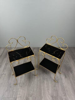 Pair Of Vintage Side Tables In Gilt Metal, Glazed Ceramic Tops, 1960s