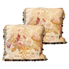 Pair of Vintage Silk Aubusson Cushion Covers Handmade Floral Pillows Cases
