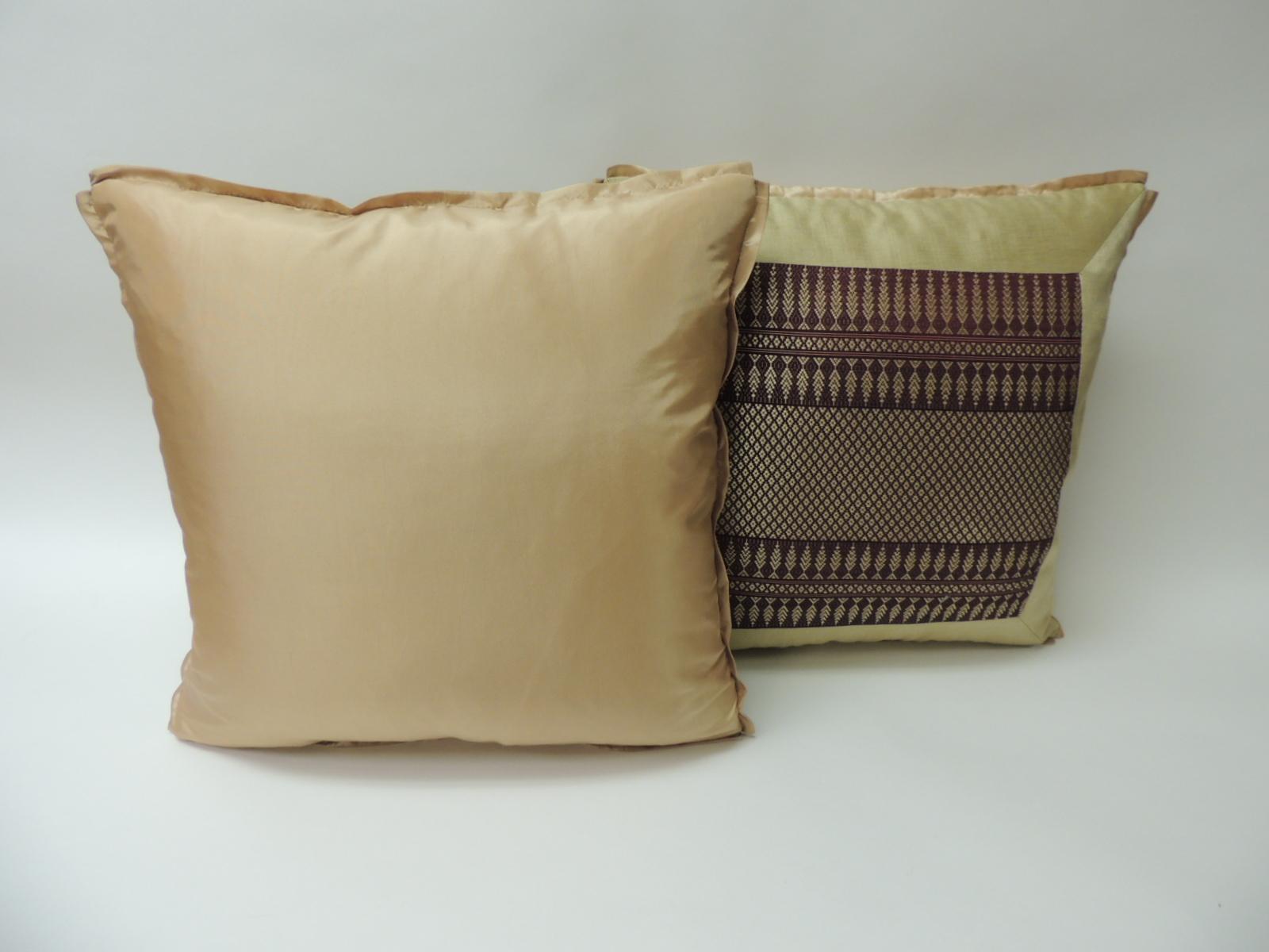 Tribal Pair of Vintage Silk Burgundy and Gold Woven Textile Square Decorative Pillows