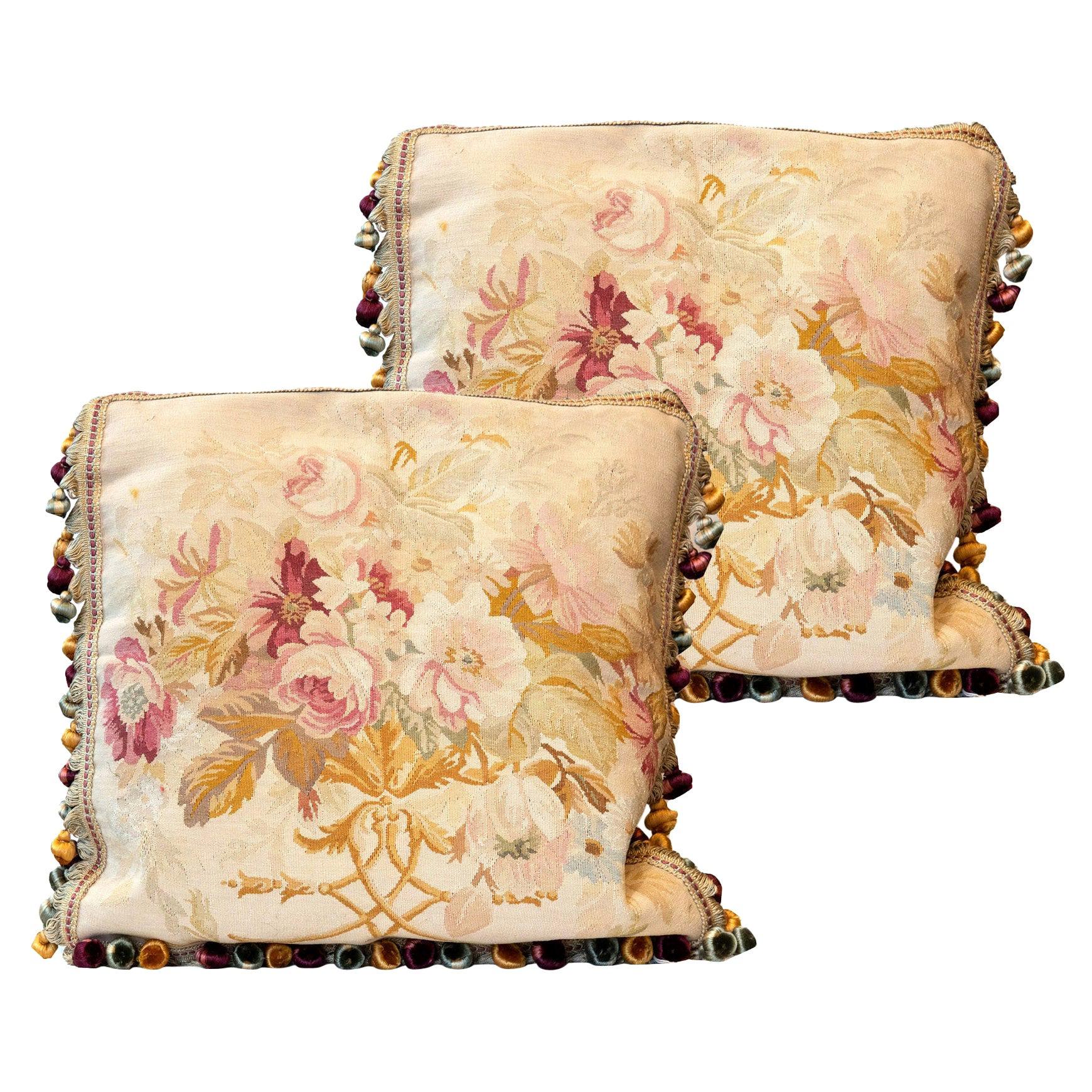 Pair of Vintage Silk-Wool Aubusson Cushion Covers Handmade Floral Pillows Cases