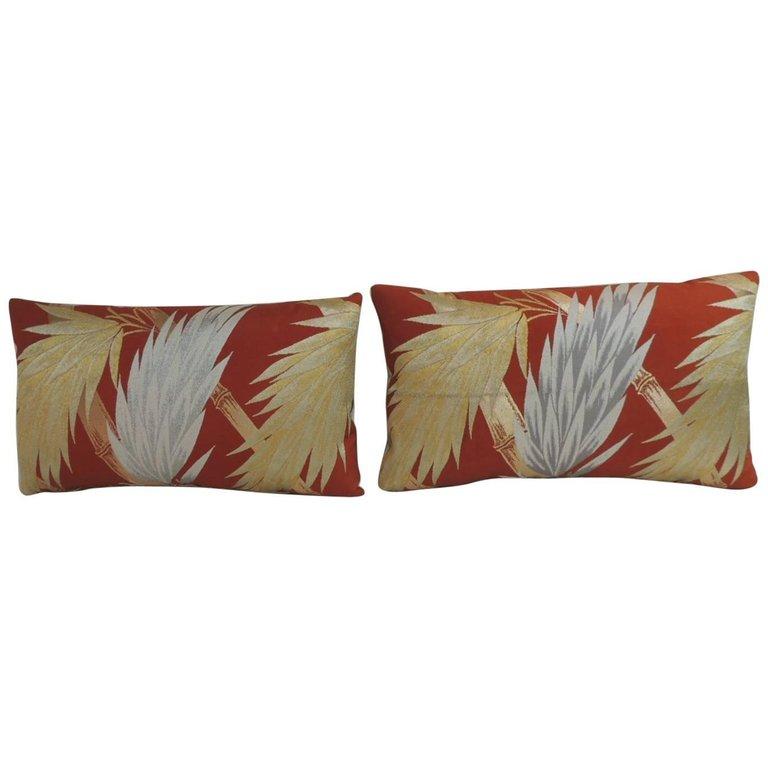 Asian Pair of Vintage Silver and Gold Woven Obi Textiles Lumbar Decorative Pillows