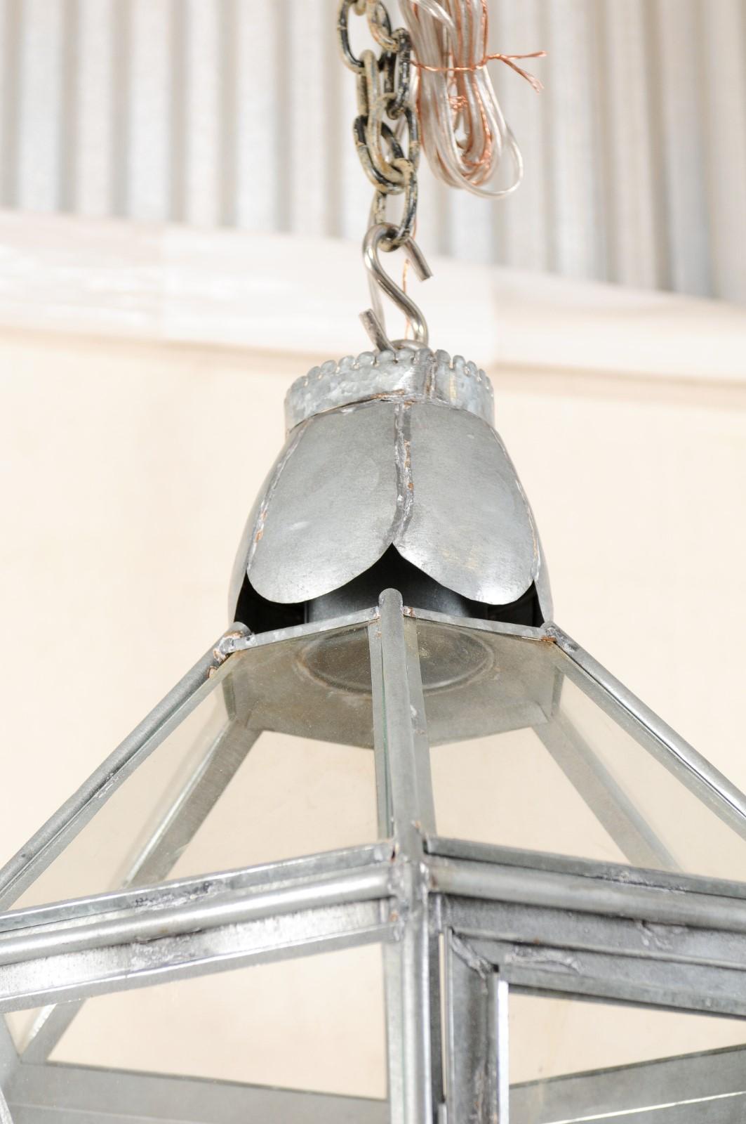 Pair of Vintage Silver Hanging Three-Light Lanterns In Good Condition In Atlanta, GA