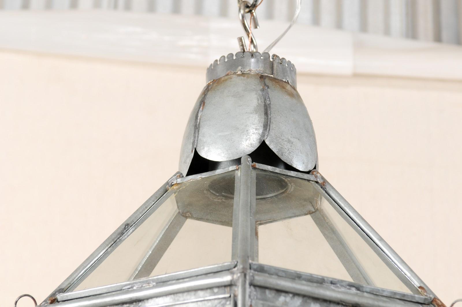 Metal Pair of Vintage Silver Hanging Three-Light Lanterns