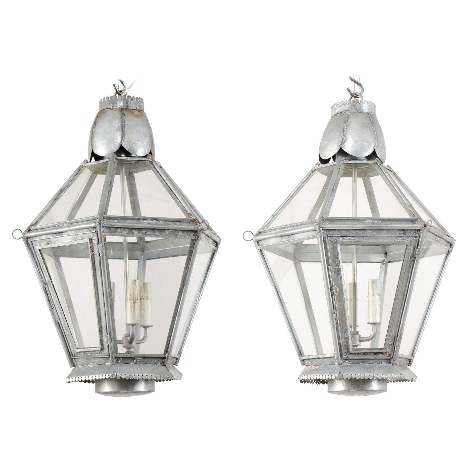 Pair of Vintage Silver Hanging Three-Light Lanterns