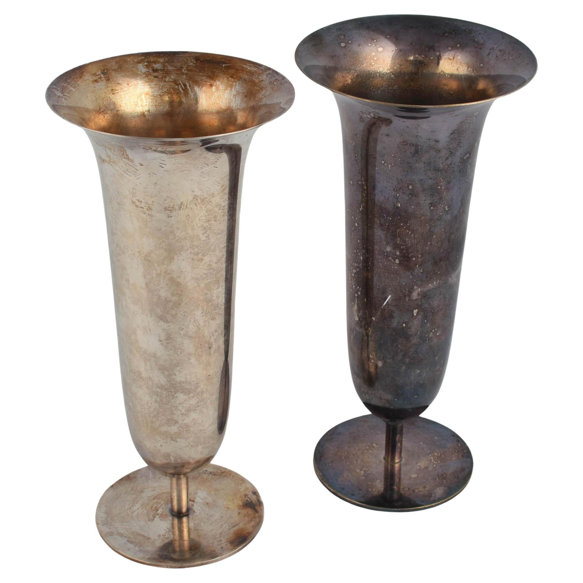 Pair of Vintage Silver Metal Vases attr. to Fritz August Breuhaus de Groot For Sale