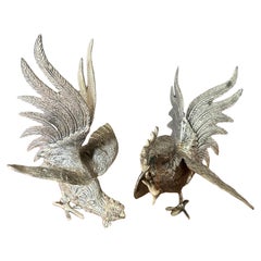 Pair of Vintage Silver Plate Fighting Cock / Rooster Sculptures