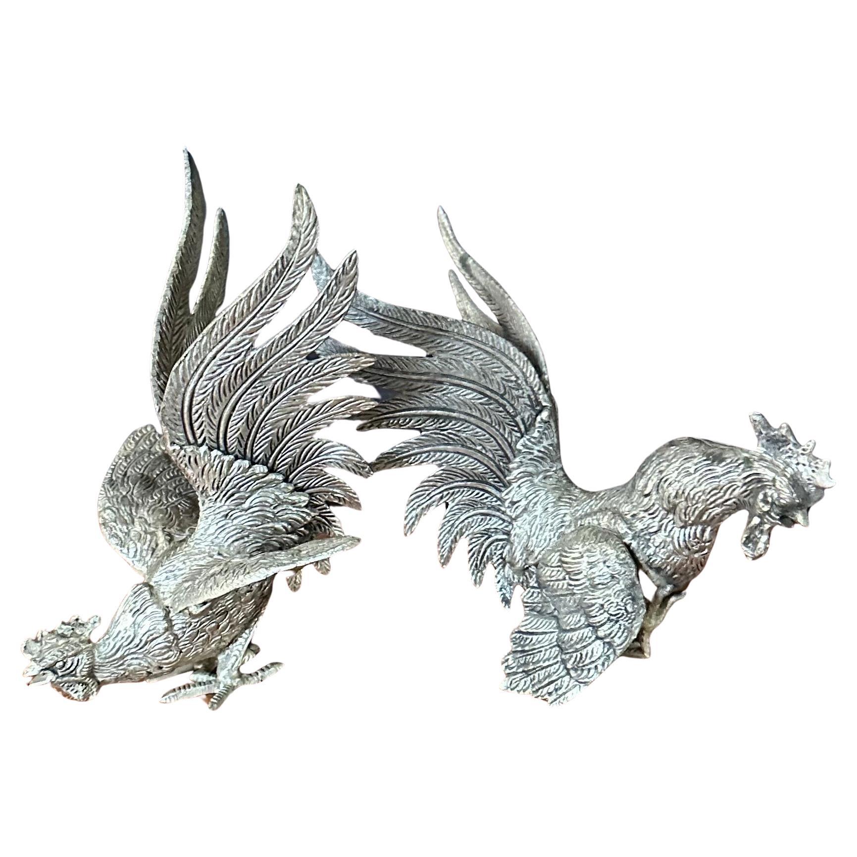 American Classical Pair of Vintage Silver Plate Fighting Cock / Rooster Sculptures For Sale