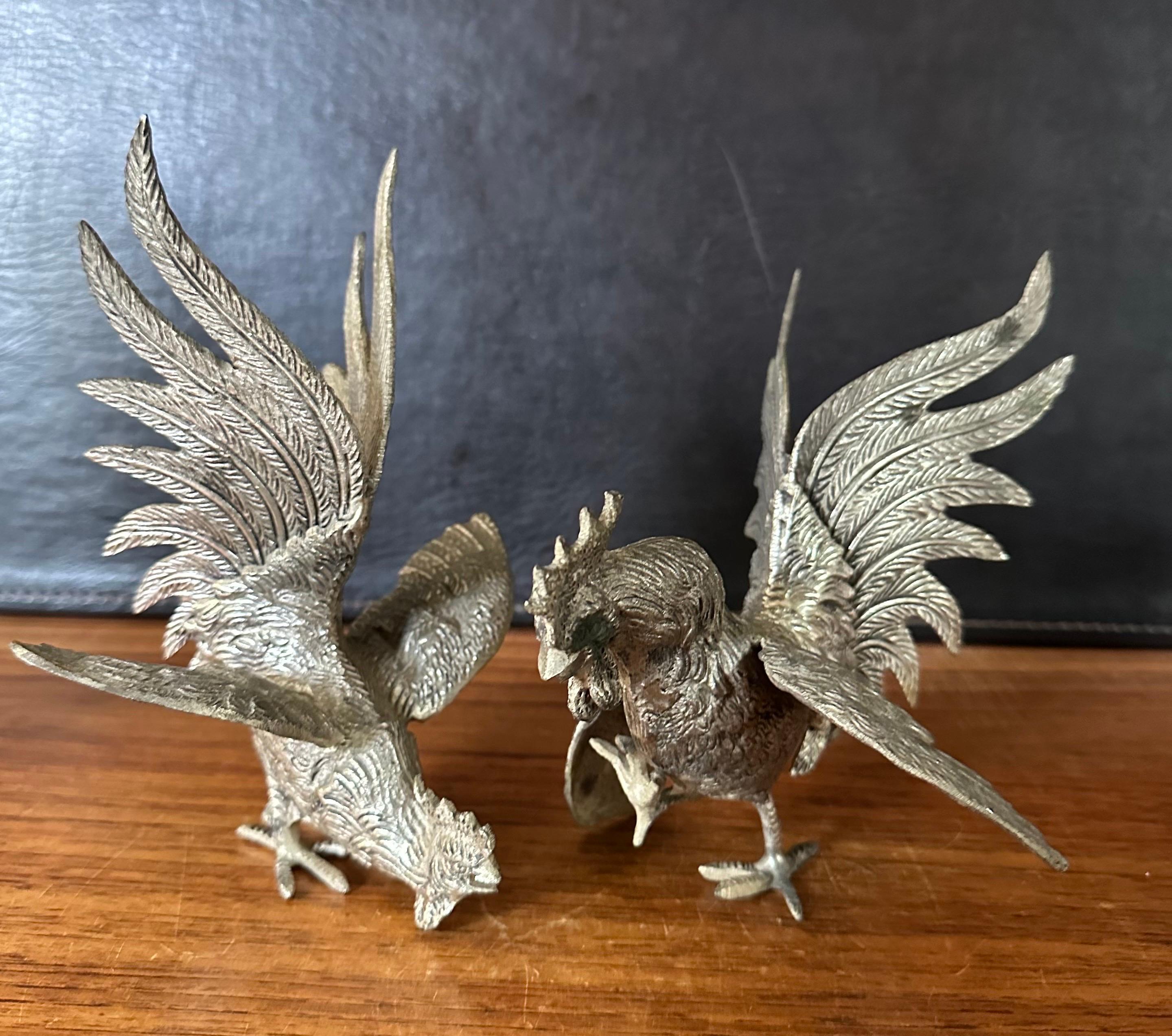 American Pair of Vintage Silver Plate Fighting Cock / Rooster Sculptures For Sale