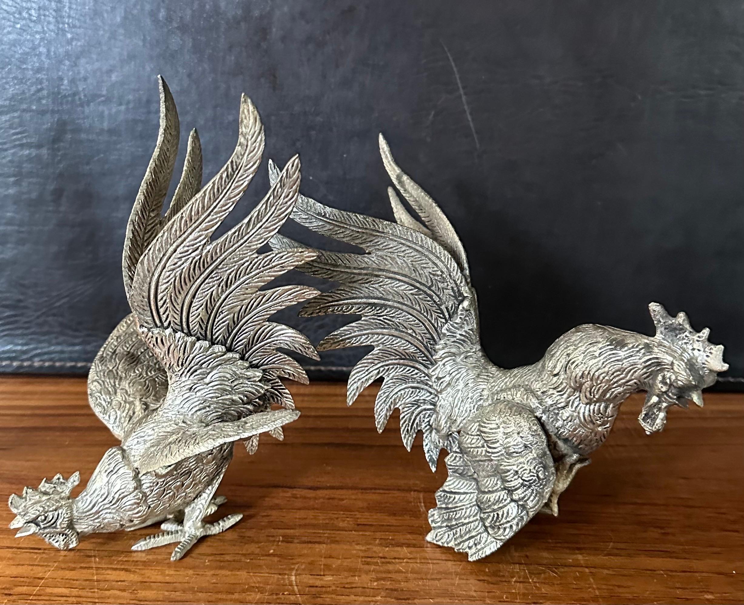Pair of Vintage Silver Plate Fighting Cock / Rooster Sculptures In Good Condition For Sale In San Diego, CA