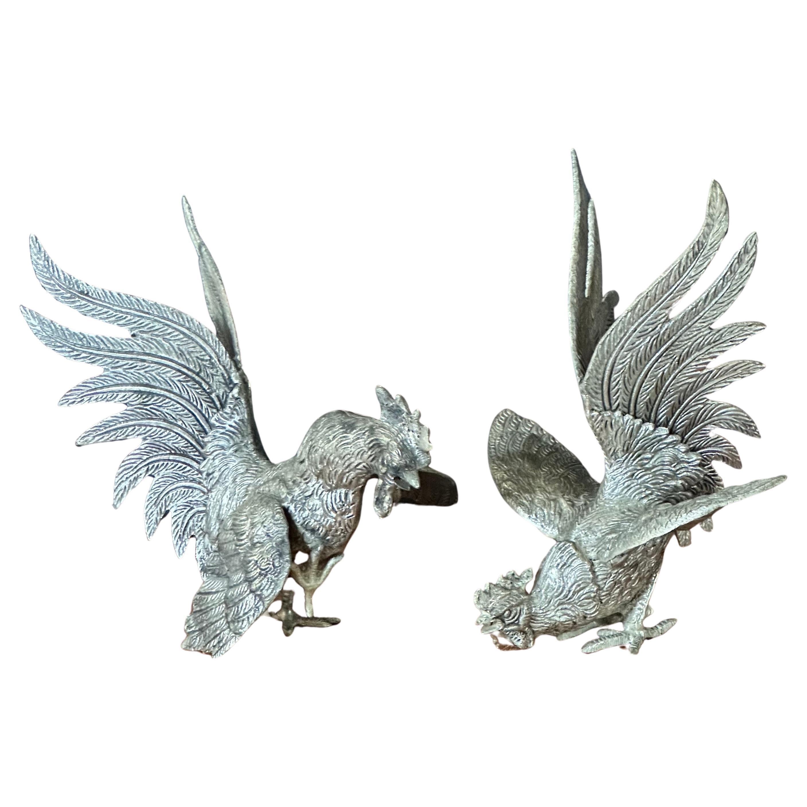 Pair of Vintage Silver Plate Fighting Cock / Rooster Sculptures For Sale