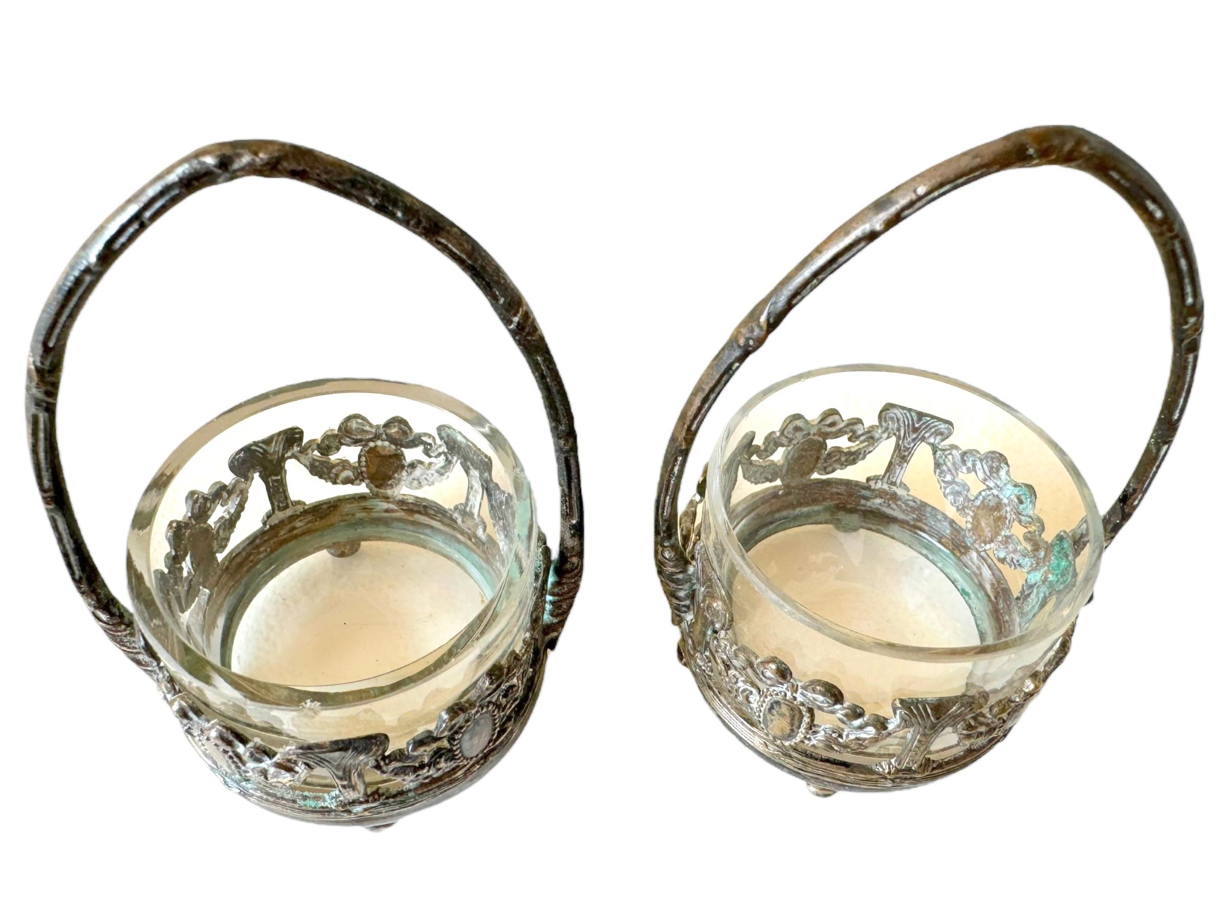 Pareja de saleros abiertos antiguos de cristal y plata, Alemania Años 1890 - 1900 Art Nouveau en venta