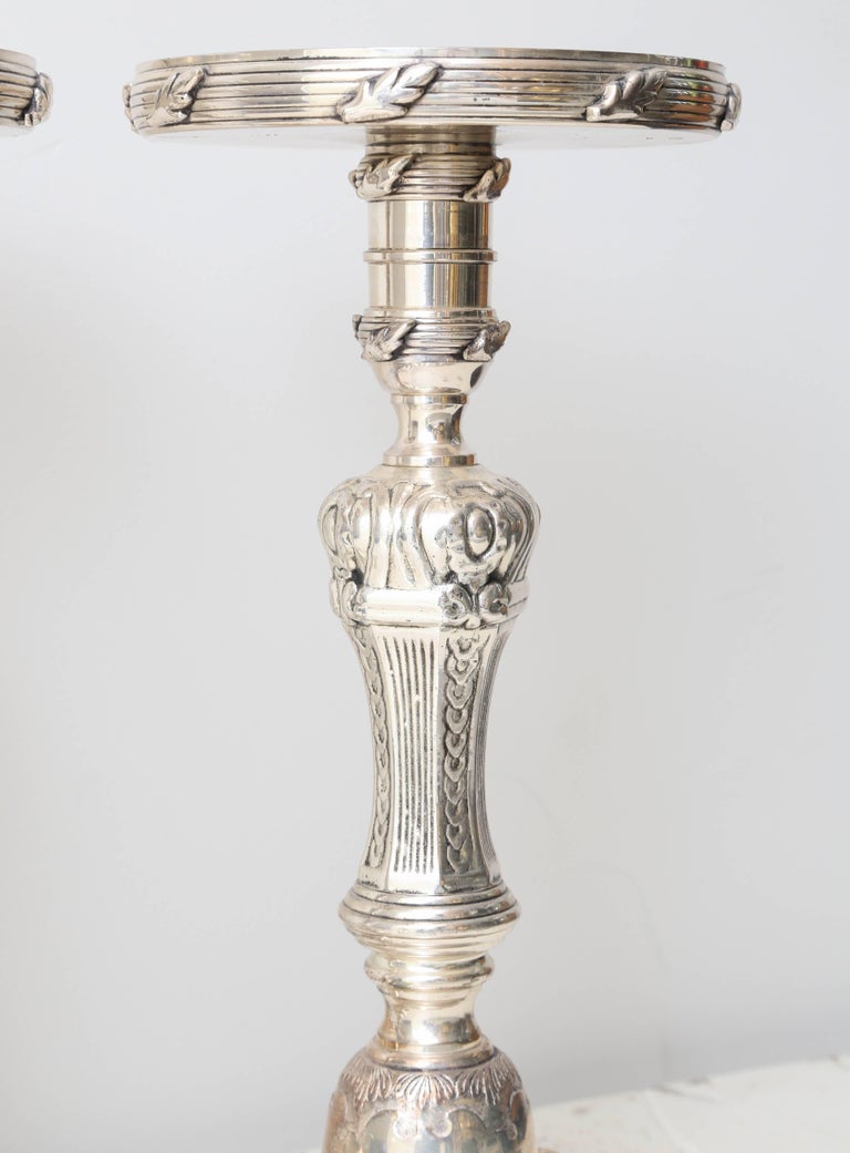 Pair of Vintage Silver Plated Pillar Candlesticks For Sale at 1stDibs