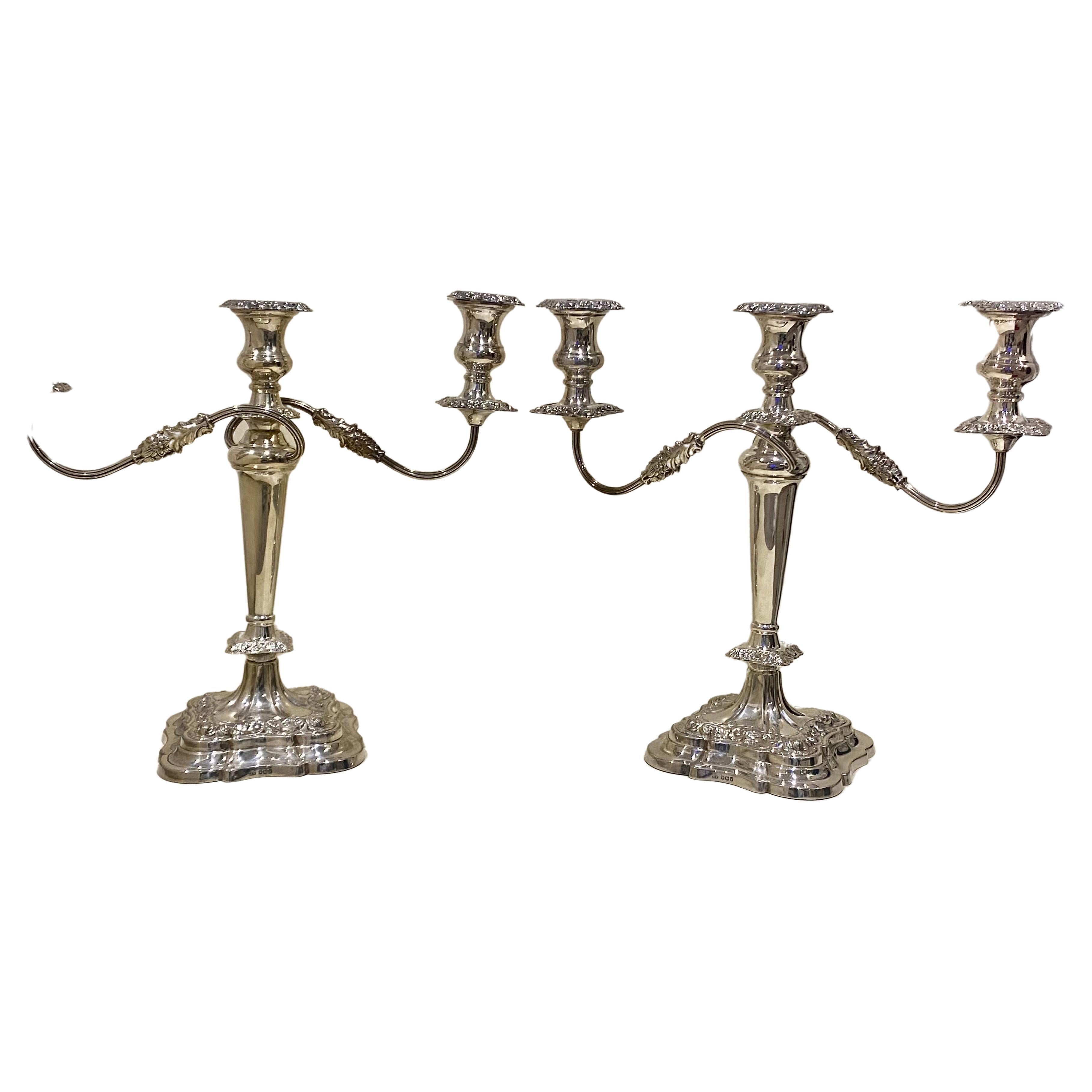 Pair of Large Vintage Sterling Silver Three-Light Candelabras In Excellent Condition For Sale In London, GB