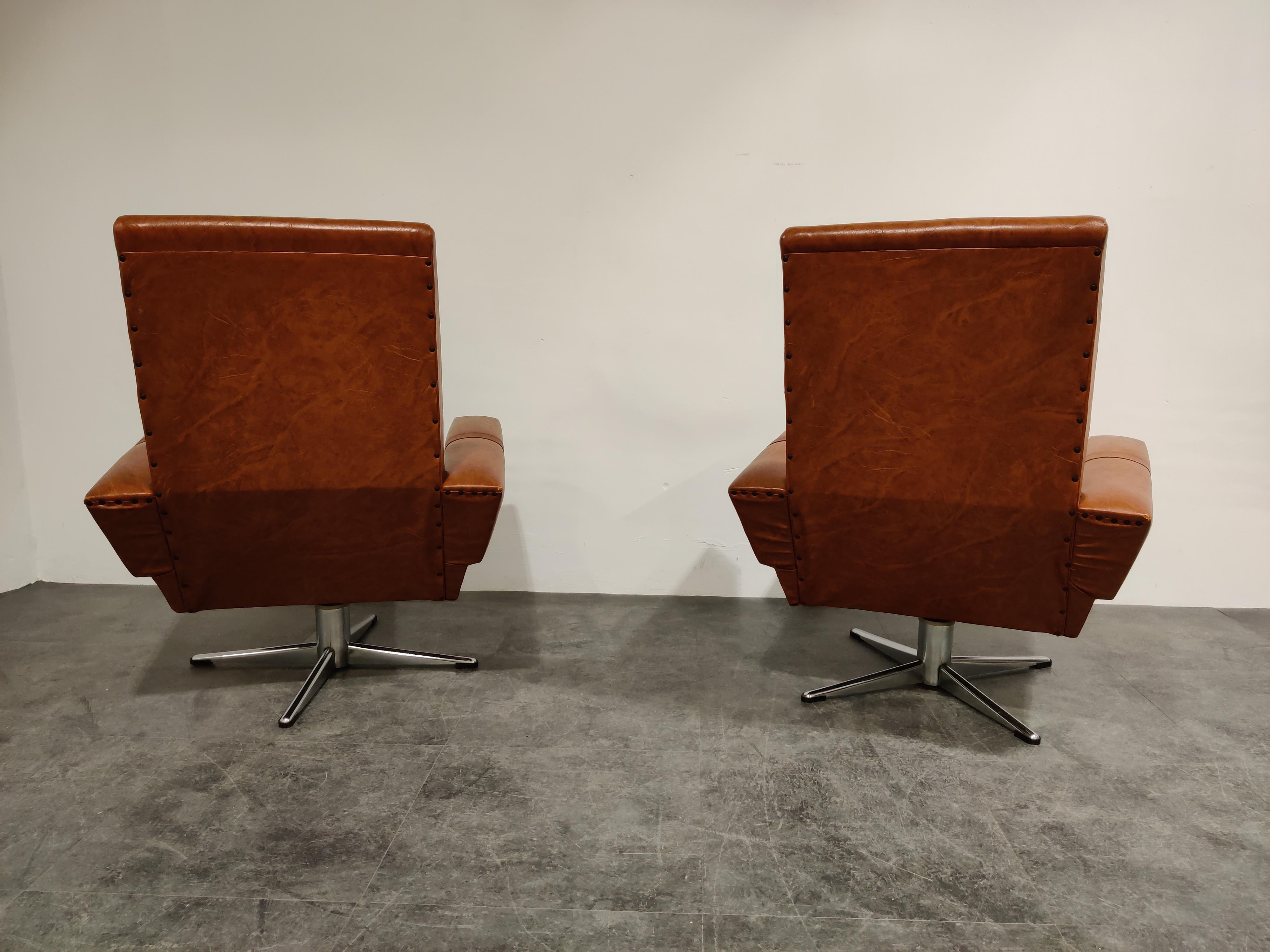 Mid-Century Modern Pair of Vintage Skai and Chrome Swivel Chairs, 1960s, Belgium