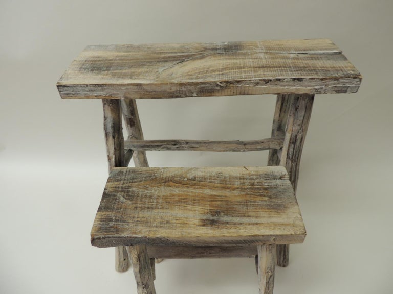 Pair of Vintage Small Asian White Washed Rubbed Wood Painted Side