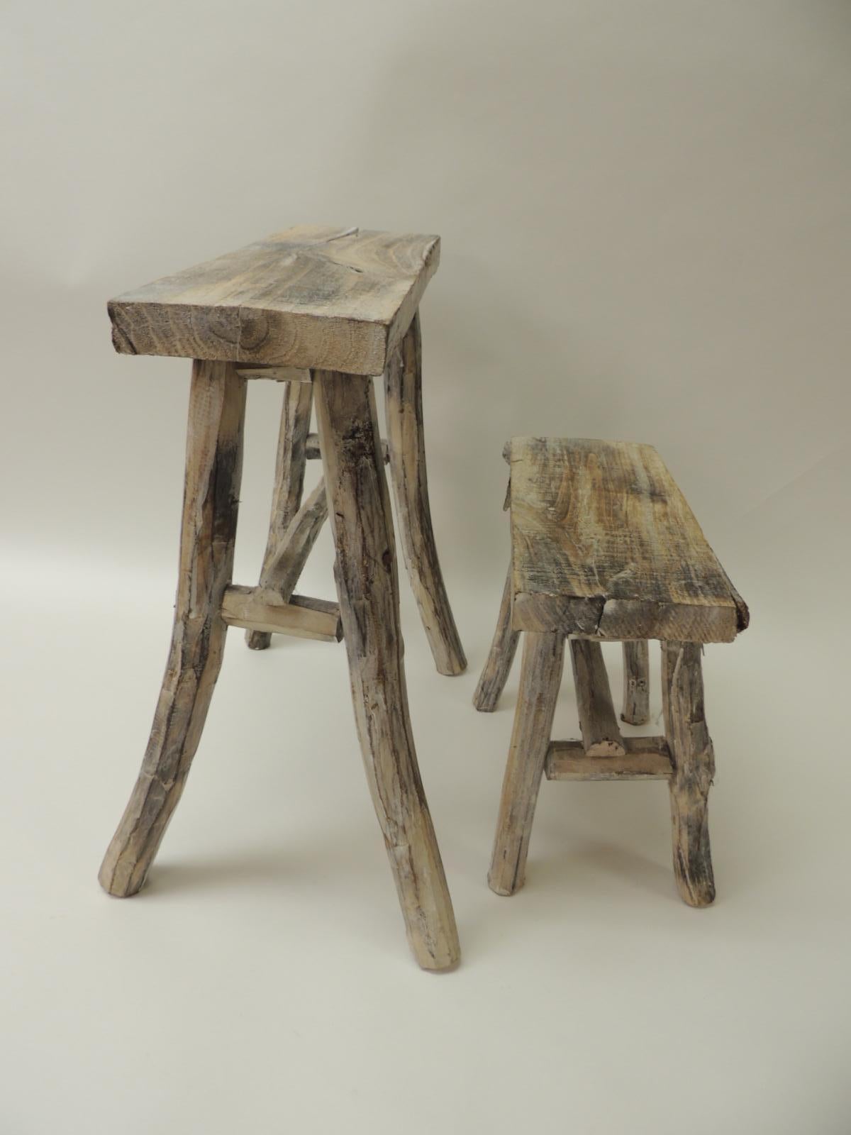 Hand-Crafted Pair of Vintage Small Asian White Washed Rubbed Wood Painted Side Tables/Stands