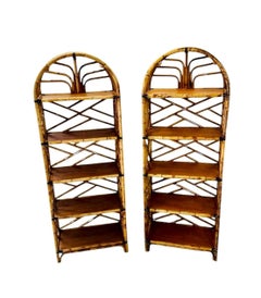 Pair of Vintage Solid Bamboo Chippendale Style Étagères with Arched Top