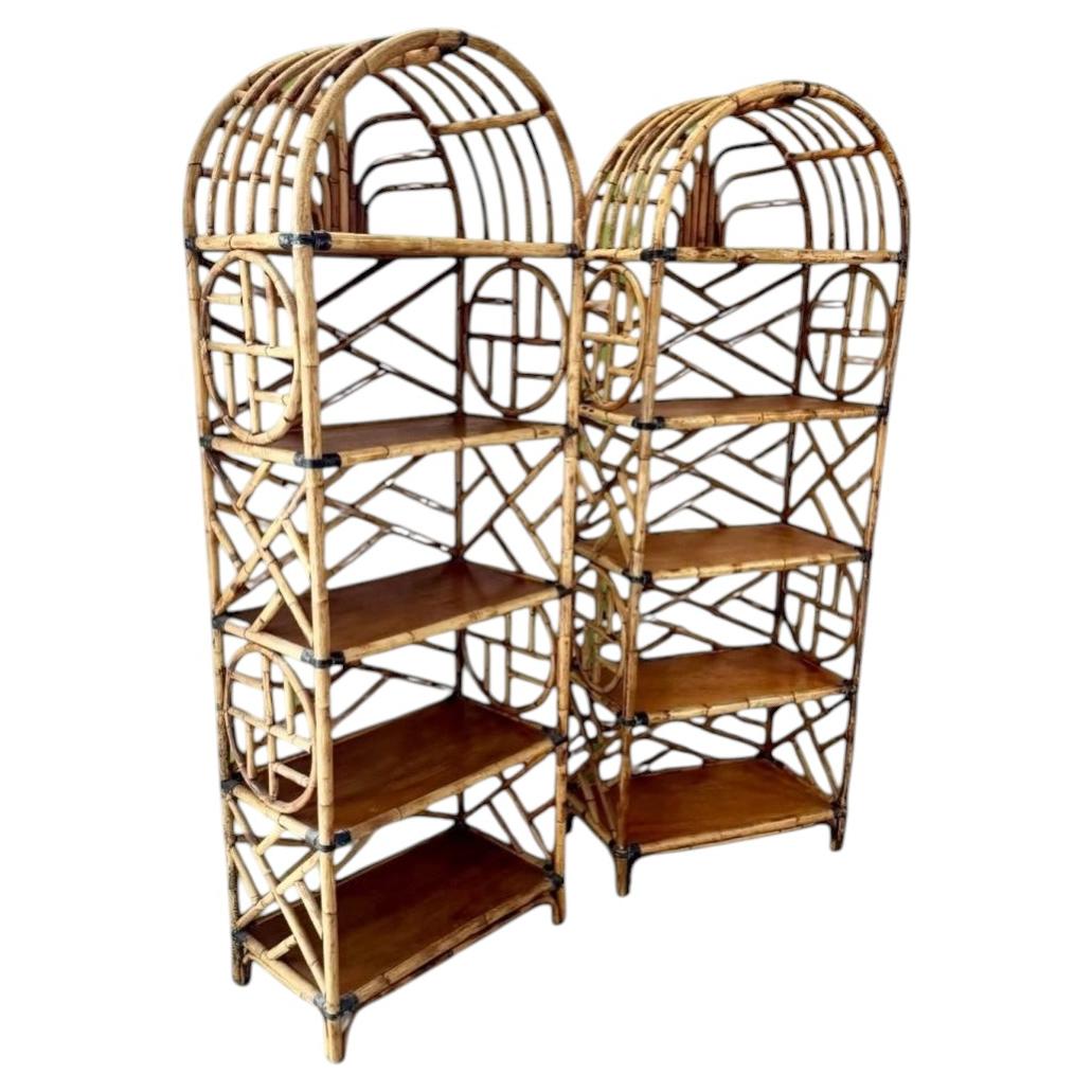 Pair of Vintage Solid Bamboo Chippendale Style Étagères with Arched Top For Sale