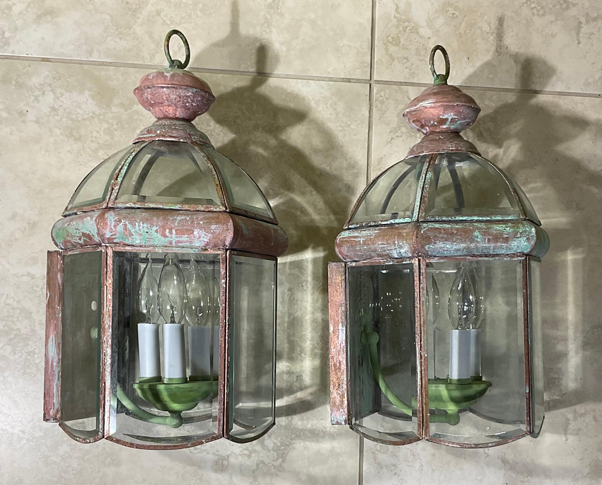 Pair of Vintage Solid Brass Beveled Glass Dome Wall Lantern For Sale 5