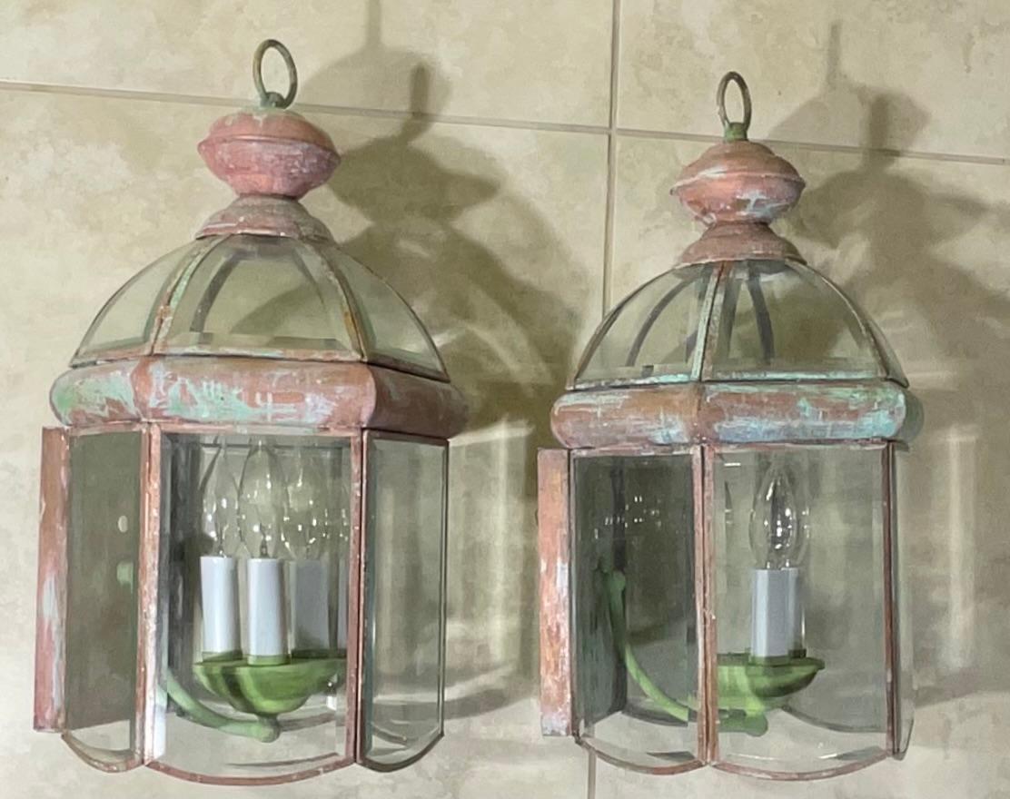 Pair of Vintage Solid Brass Beveled Glass Dome Wall Lantern For Sale 6