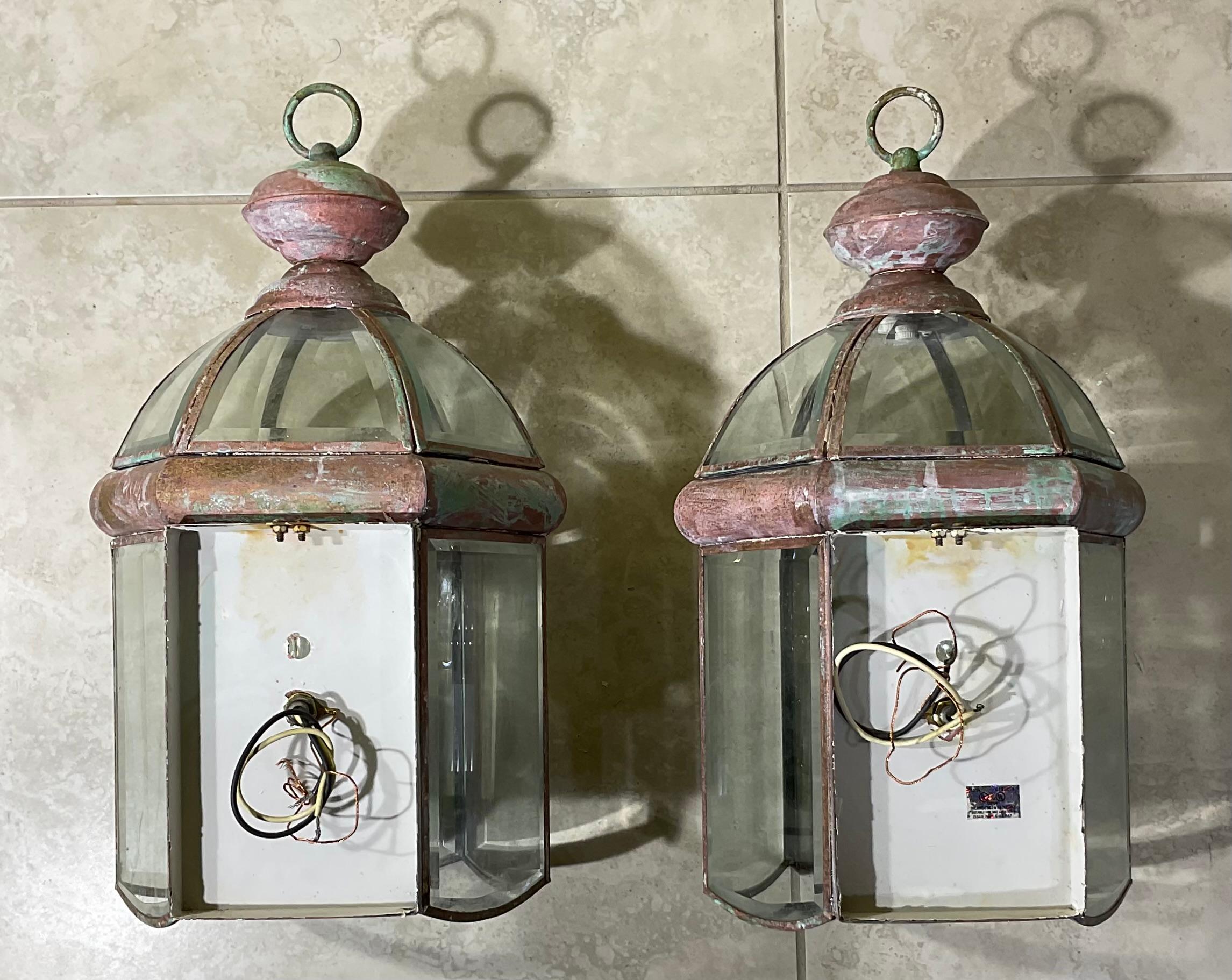 Pair of Vintage Solid Brass Beveled Glass Dome Wall Lantern For Sale 7