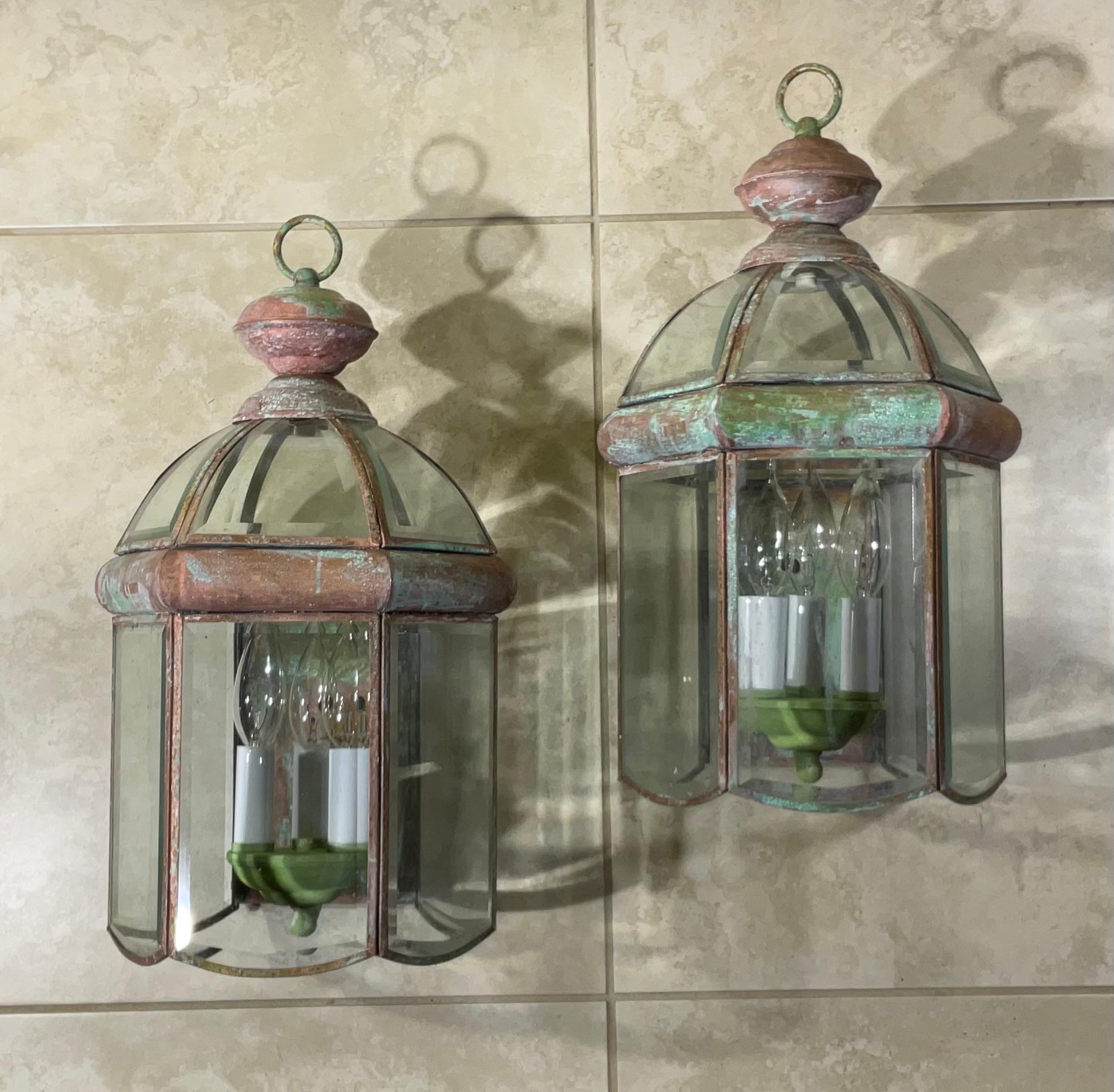 Pair of Vintage Solid Brass Beveled Glass Dome Wall Lantern For Sale 8
