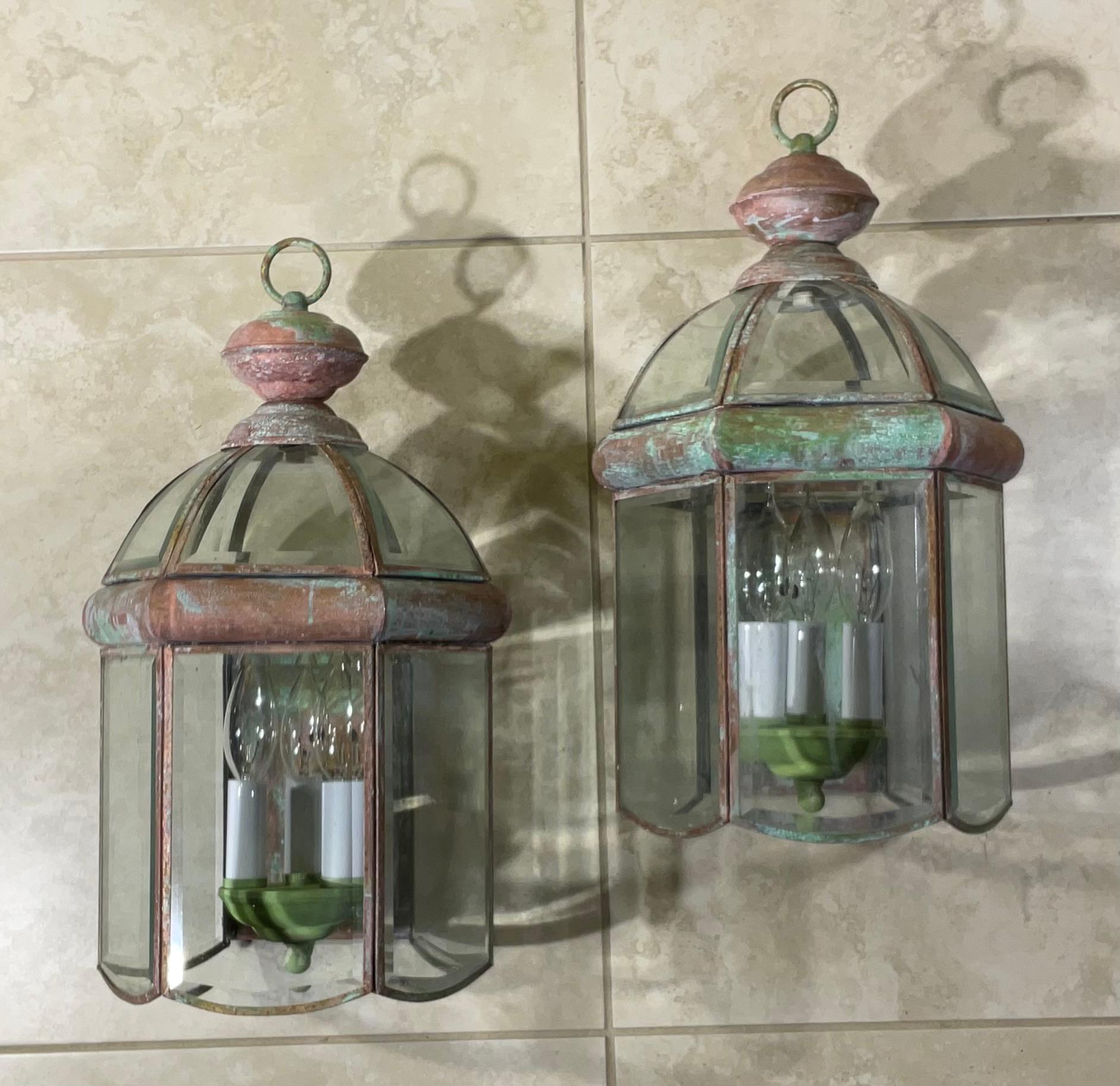 Pair of Vintage Solid Brass Beveled Glass Dome Wall Lantern For Sale 9