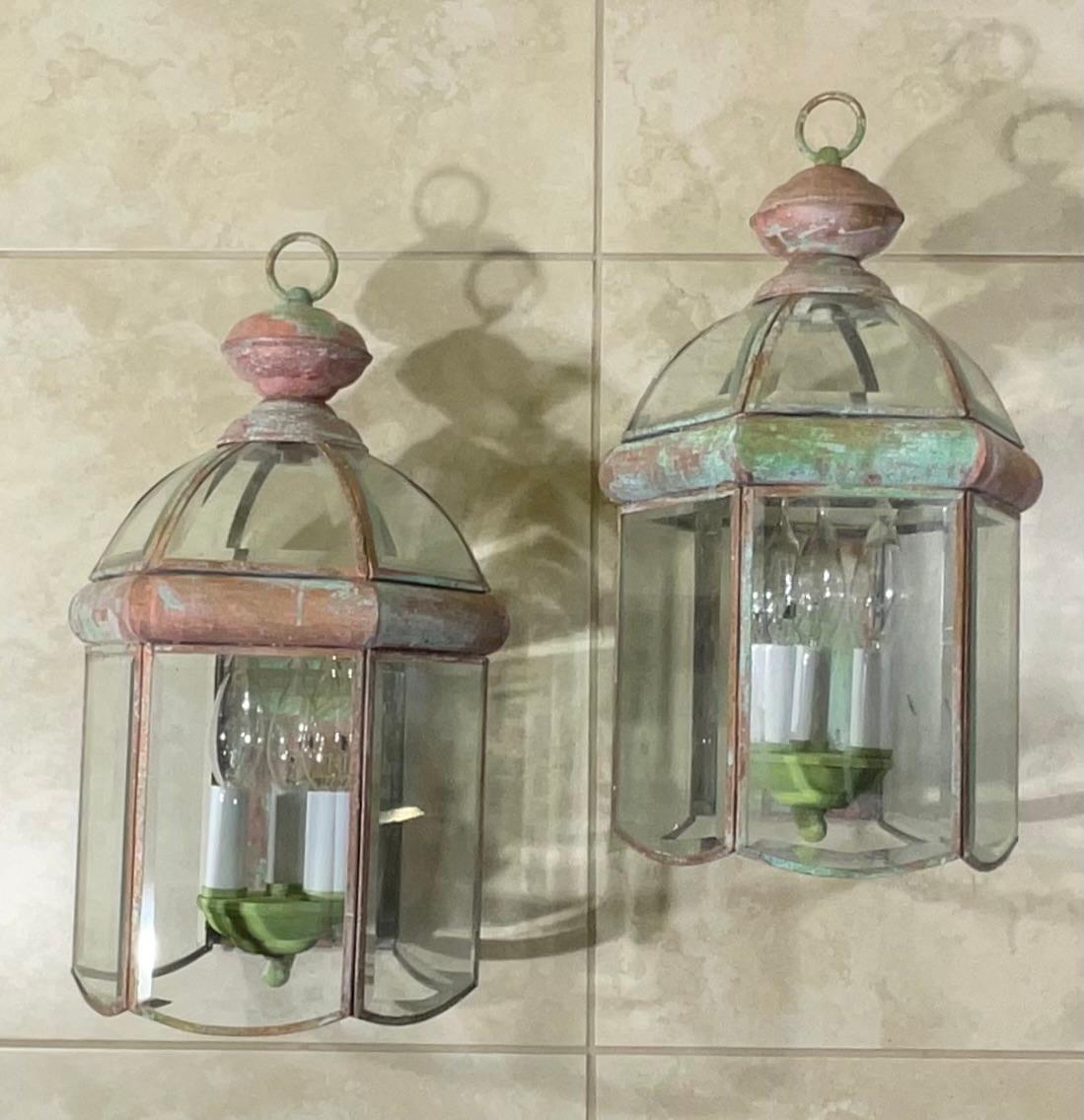 Pair of Vintage Solid Brass Beveled Glass Dome Wall Lantern For Sale 10
