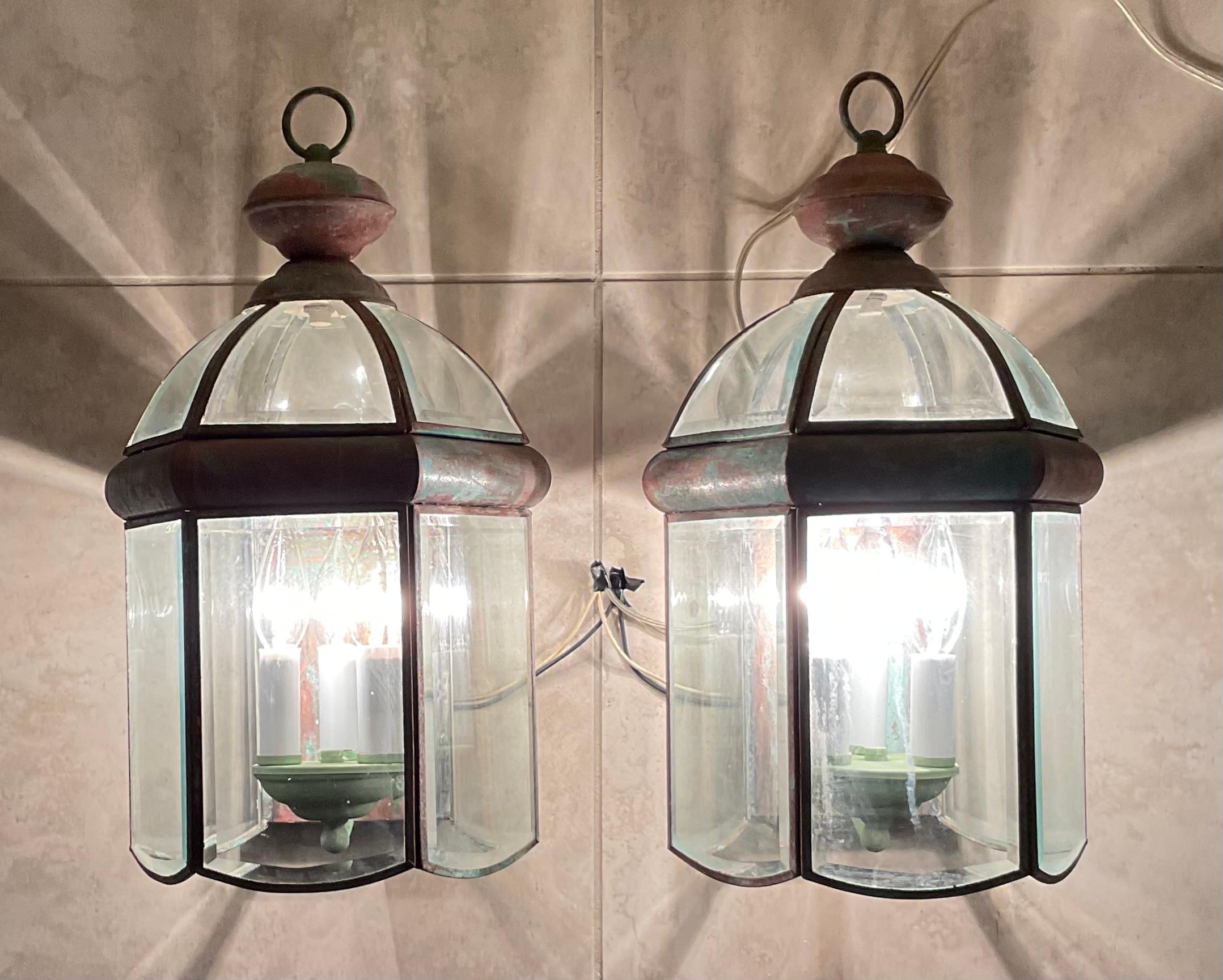 American Pair of Vintage Solid Brass Beveled Glass Dome Wall Lantern For Sale
