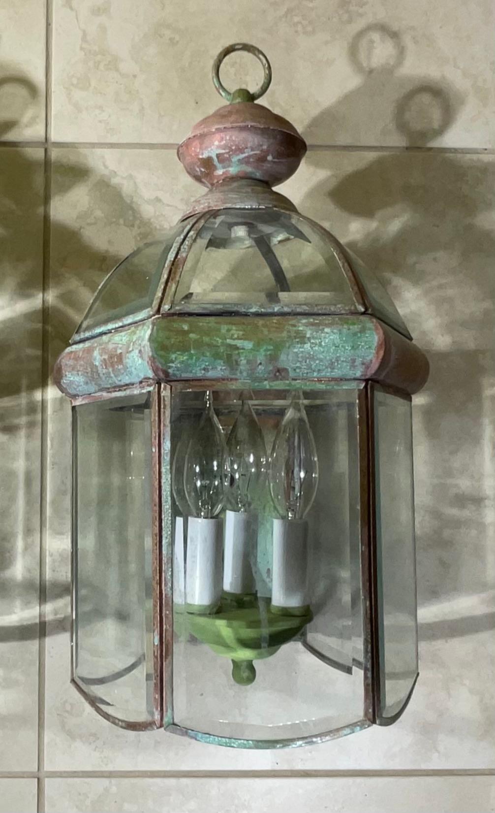 Pair of Vintage Solid Brass Beveled Glass Dome Wall Lantern For Sale 2