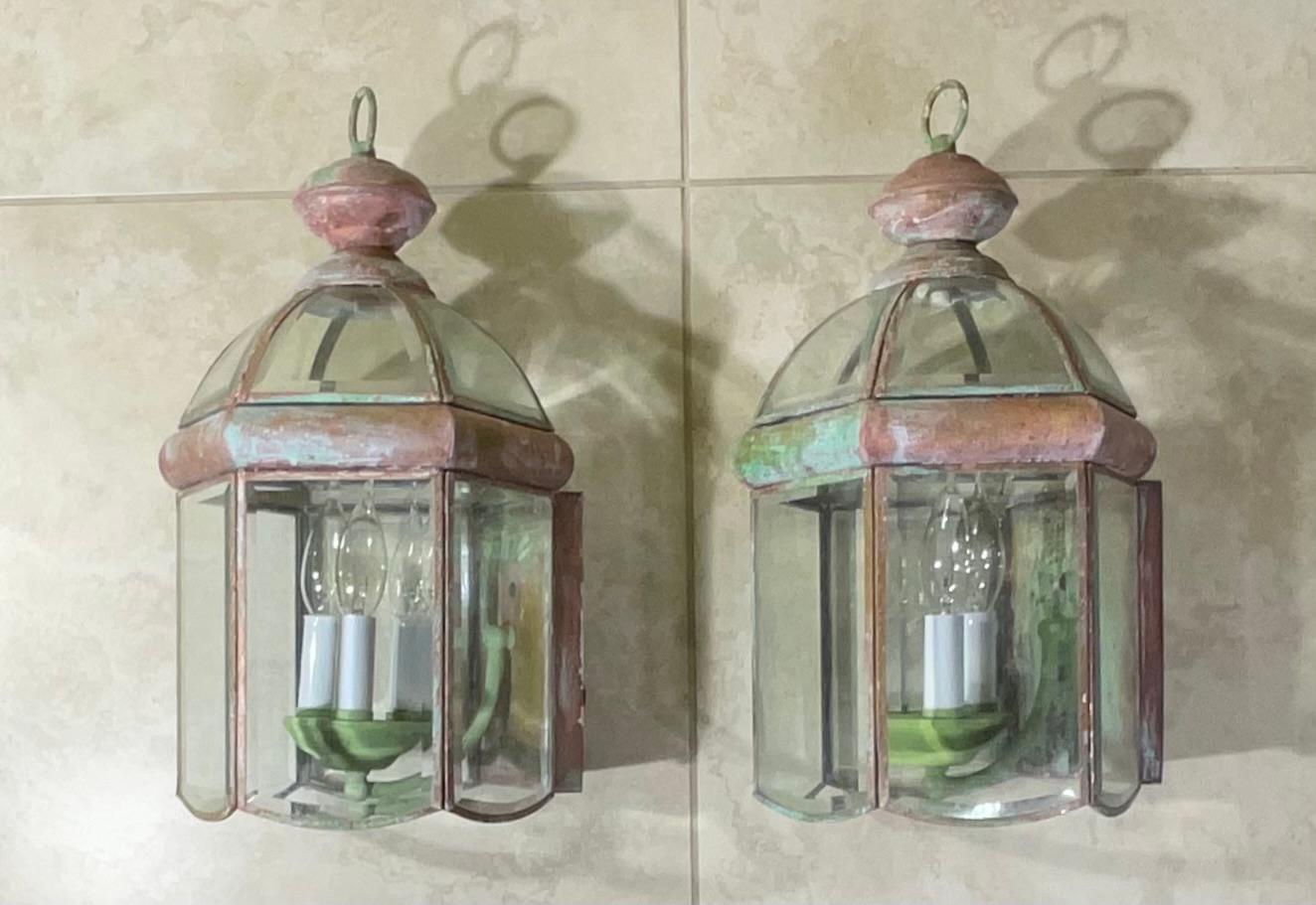 Pair of Vintage Solid Brass Beveled Glass Dome Wall Lantern For Sale 3