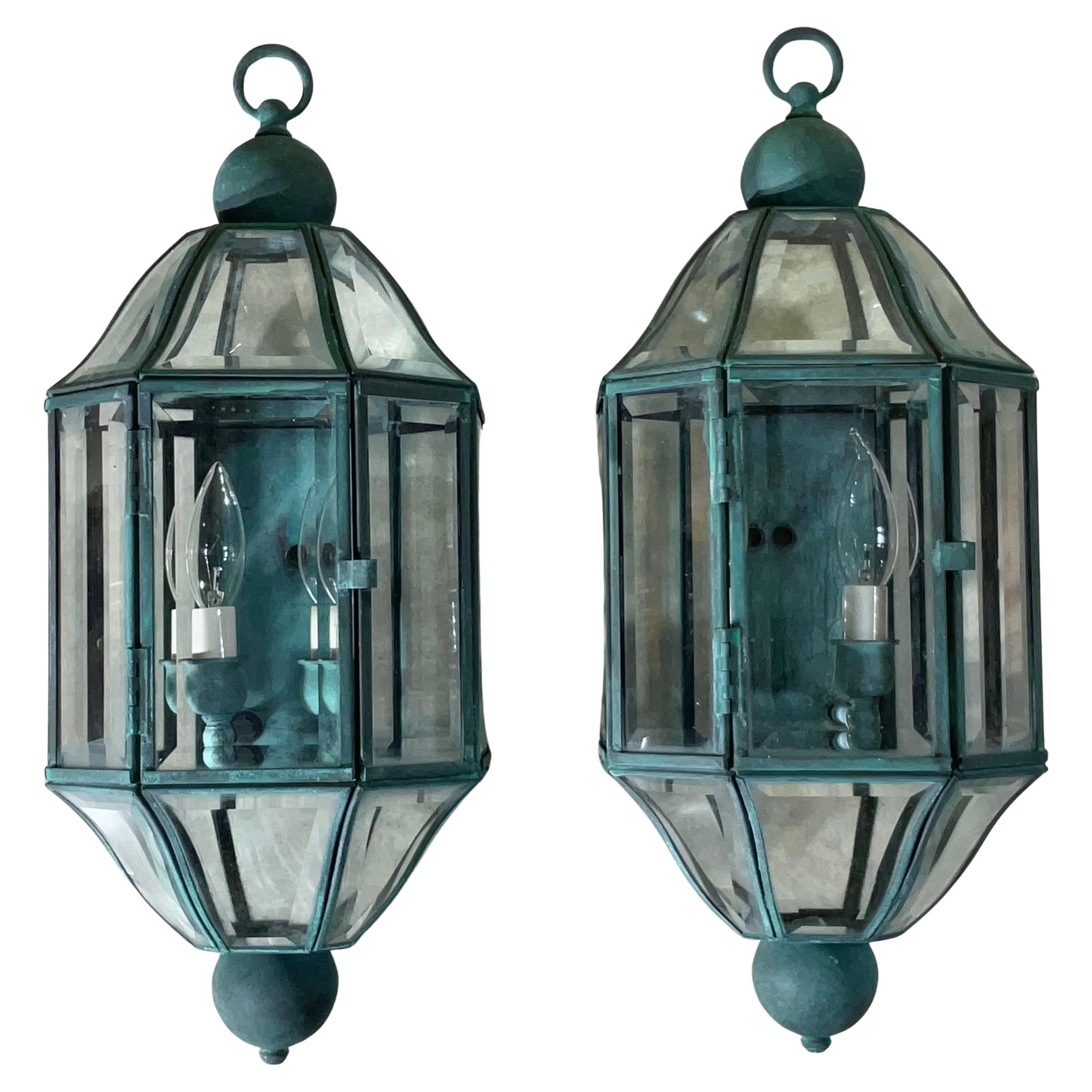 Pair of Vintage Solid Brass
Beveled Glass Wall Lantern - Sconces - Verdigris