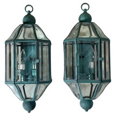 Pair of Vintage Solid Brass & Beveled Glass Wall Lantern - Sconces - Verdigris