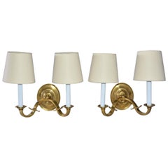 Pair of Vintage Solid Brass Double Arm Sconces with Oval Cream Shades