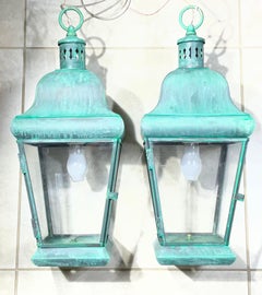 Pair of Vintage Solid Brass Hanging Lanterns. 20”.5 H x 8”.5W x 8”.5 W