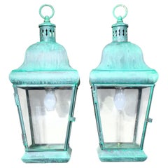 Pair of Vintage Solid Brass Hanging Lanterns. 20”.5 H x 8”.5W x 8”.5 W