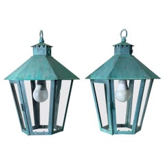 pair of vintage solid brass hanging lanterns