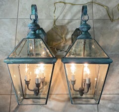 Pair of vintage Solid Brass Lanterns - 10”w x 11” x 20”.5 high