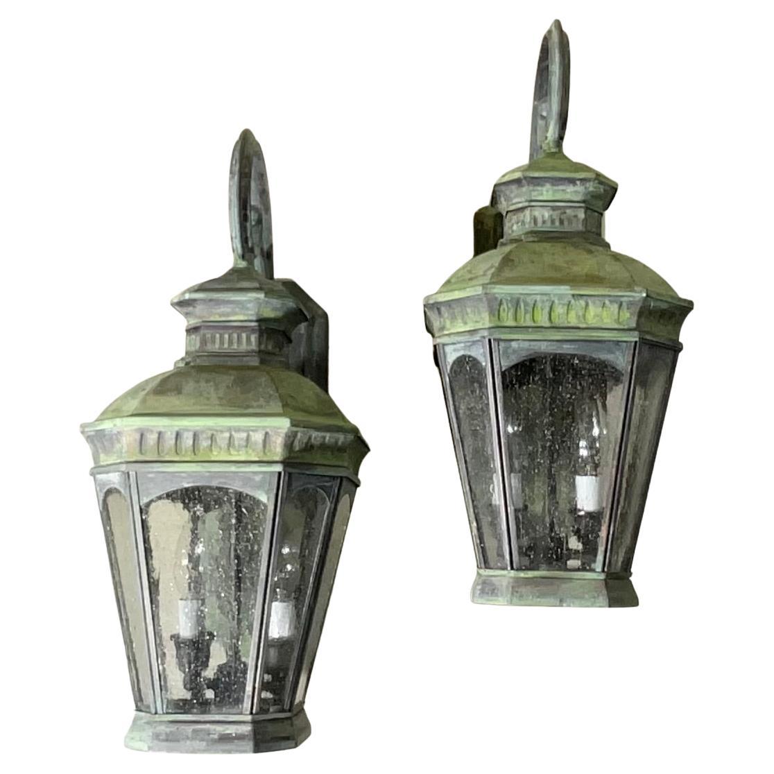 Pair of vintage Solid Brass Lanterns - 8”w x 11”d x 20” high