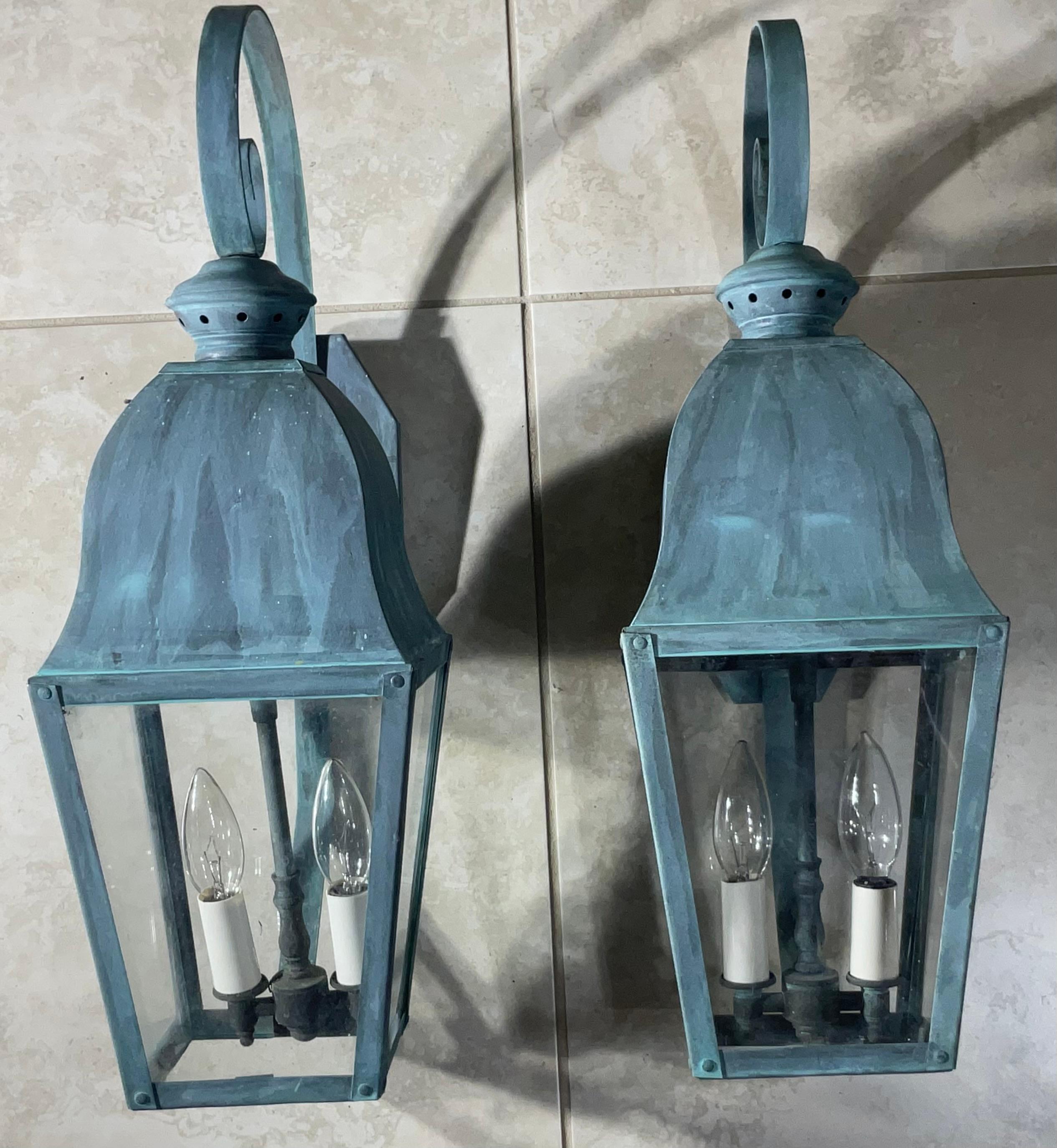 American Pair Of Vintage Solid Brass Lanterns For Sale