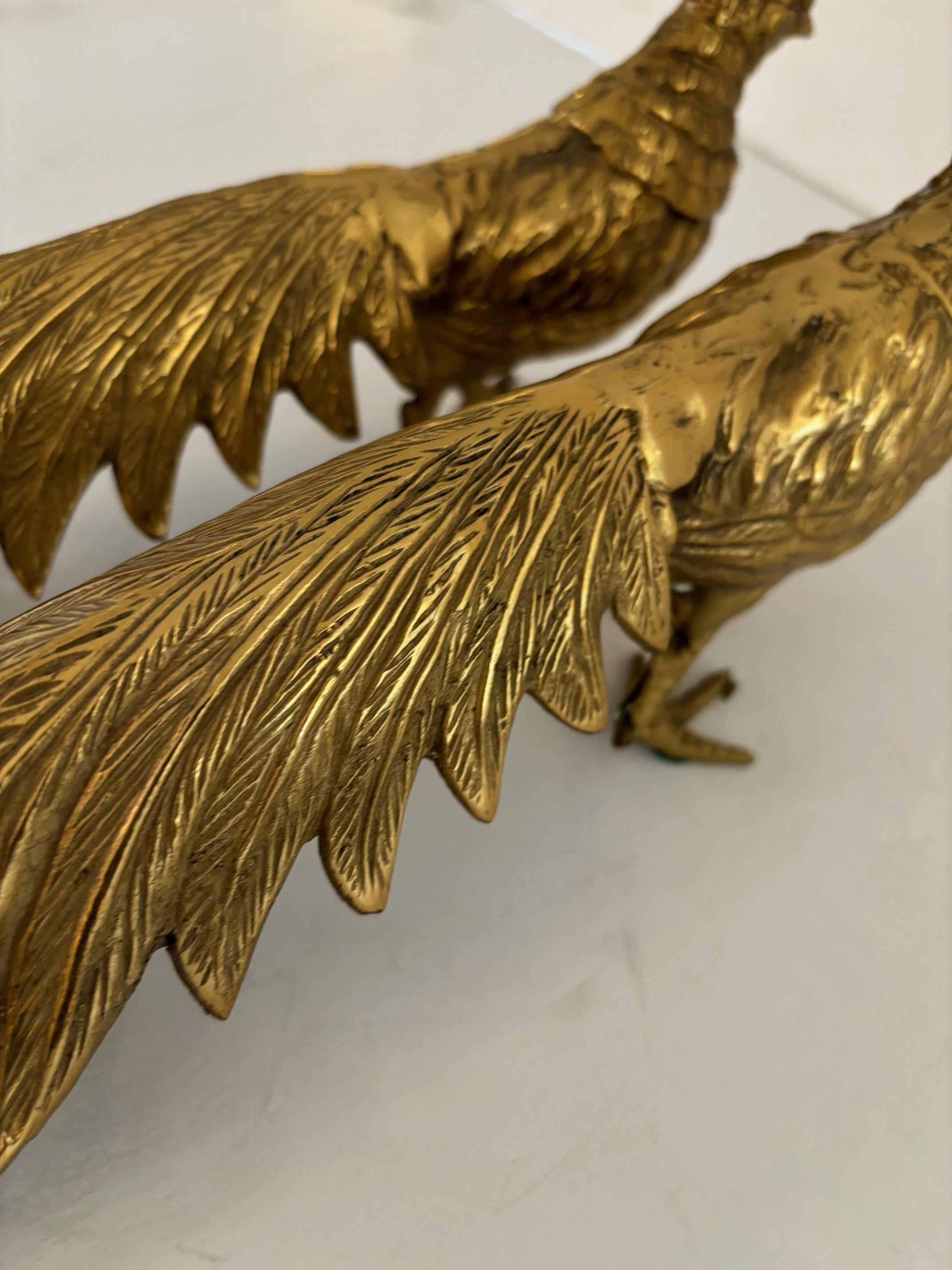 Pair of Vintage Solid Brass Male and Female Pheasant Bird Sculptures For Sale 3