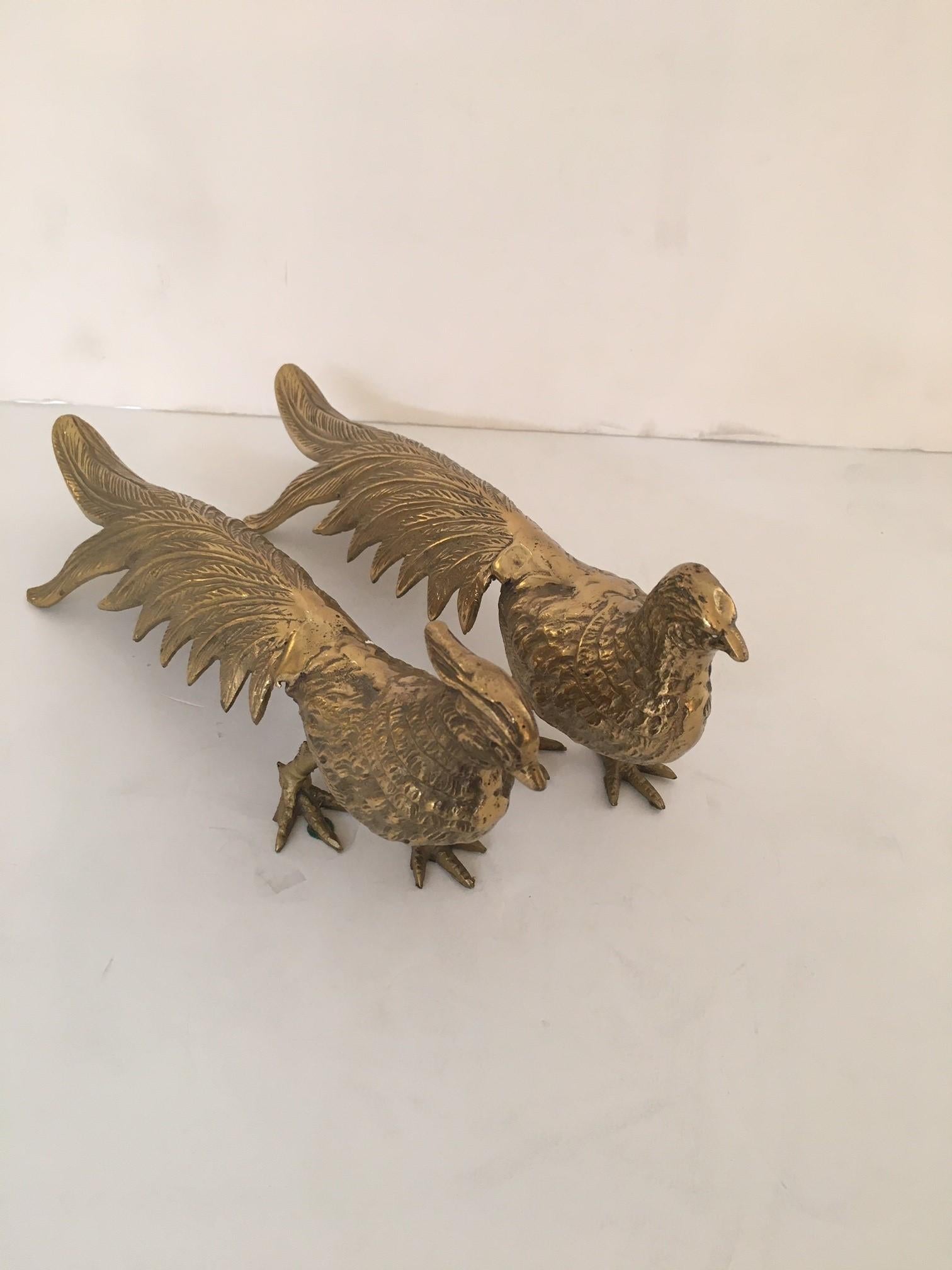 Pair of Vintage Solid Brass Male and Female Pheasant Bird Sculptures For Sale 4