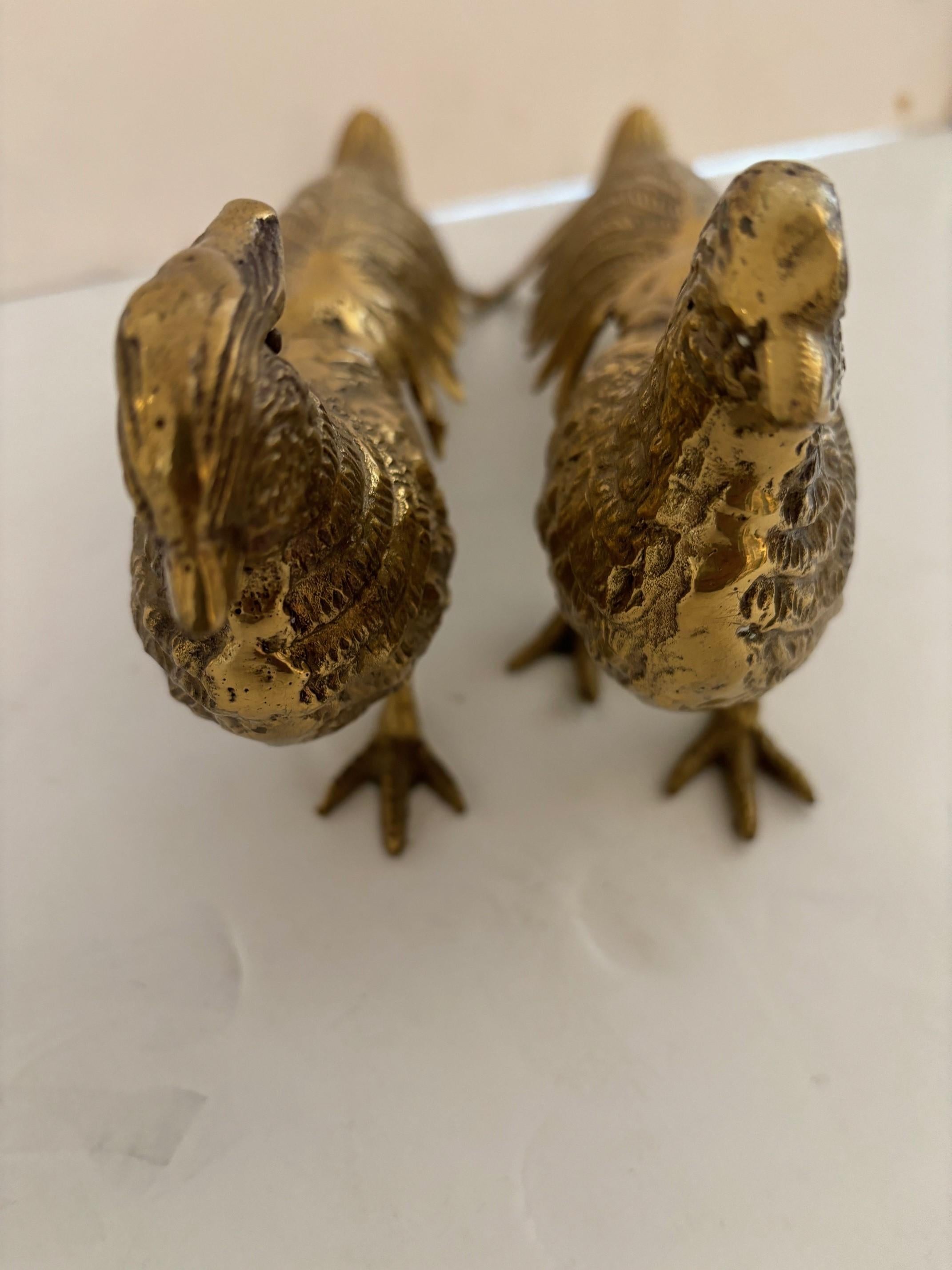 Pair of Vintage Solid Brass Male and Female Pheasant Bird Sculptures For Sale 6