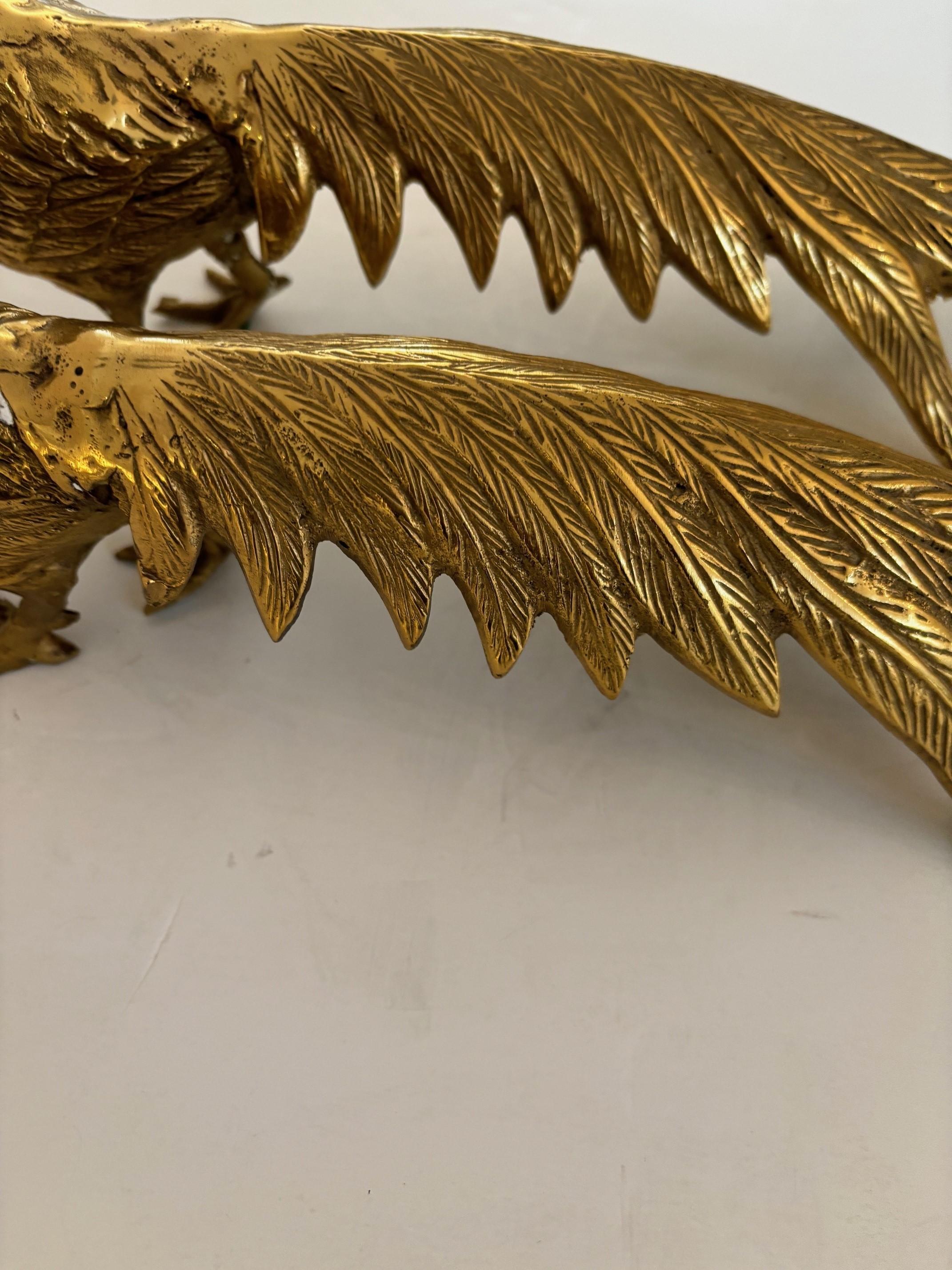 French Pair of Vintage Solid Brass Male and Female Pheasant Bird Sculptures For Sale