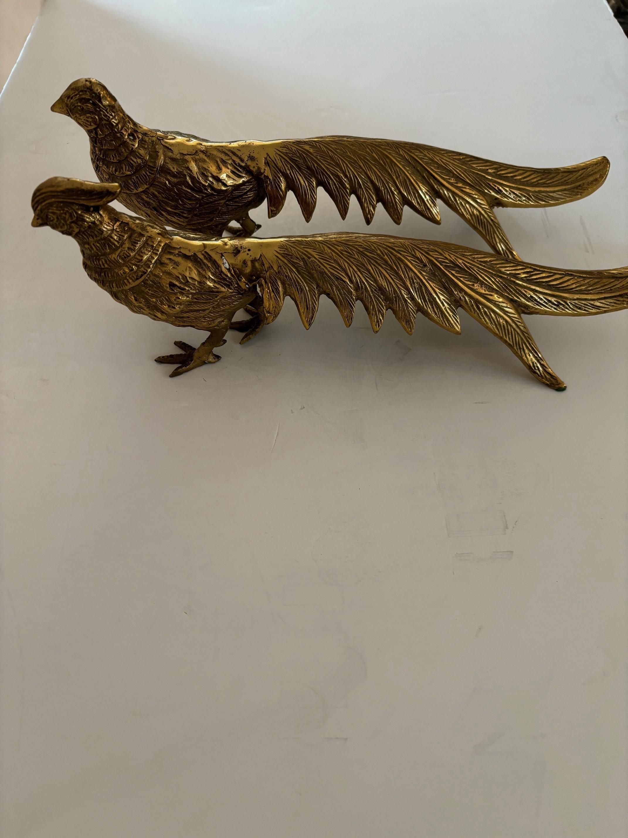 Pair of Vintage Solid Brass Male and Female Pheasant Bird Sculptures For Sale 1
