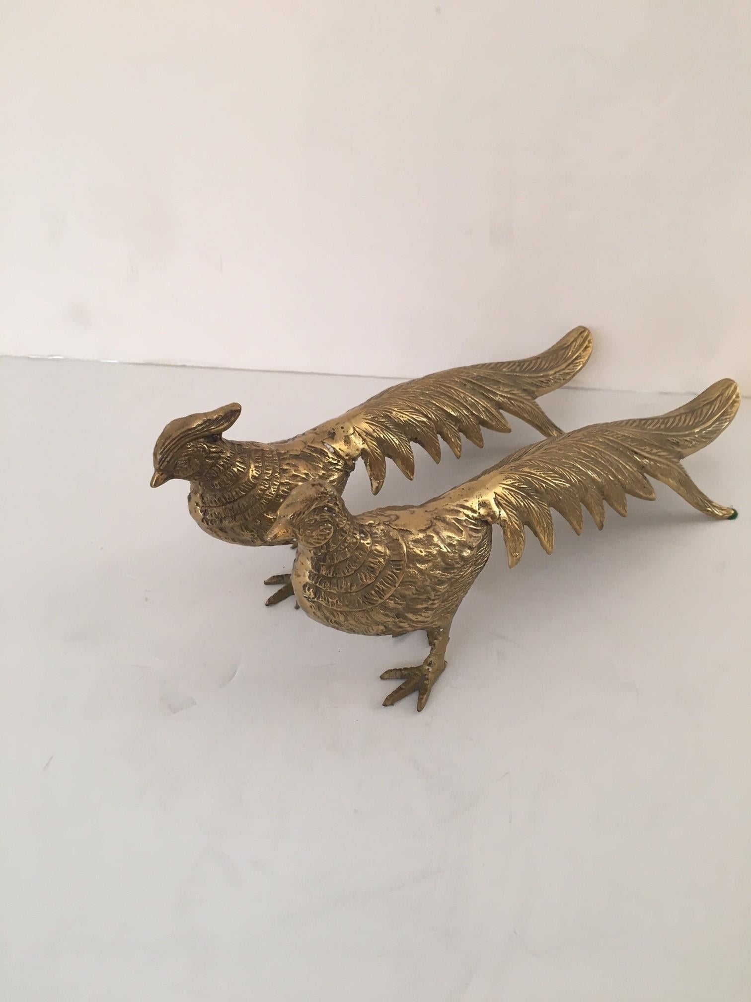 Pair of Vintage Solid Brass Male and Female Pheasant Bird Sculptures For Sale 2