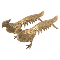 Paire de sculptures vintage d'oiseaux faisans masculins et féminins en laiton massif