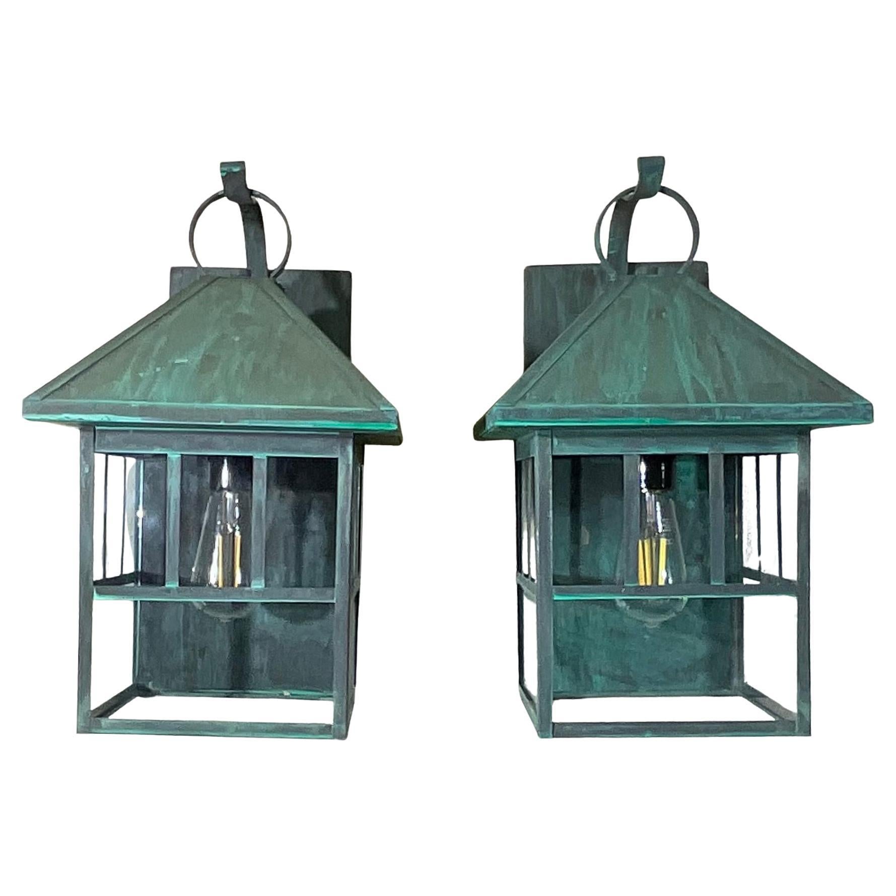 Pair of Vintage Solid Brass Outdoor Lanterns – Arts 
Crafts Mission Style